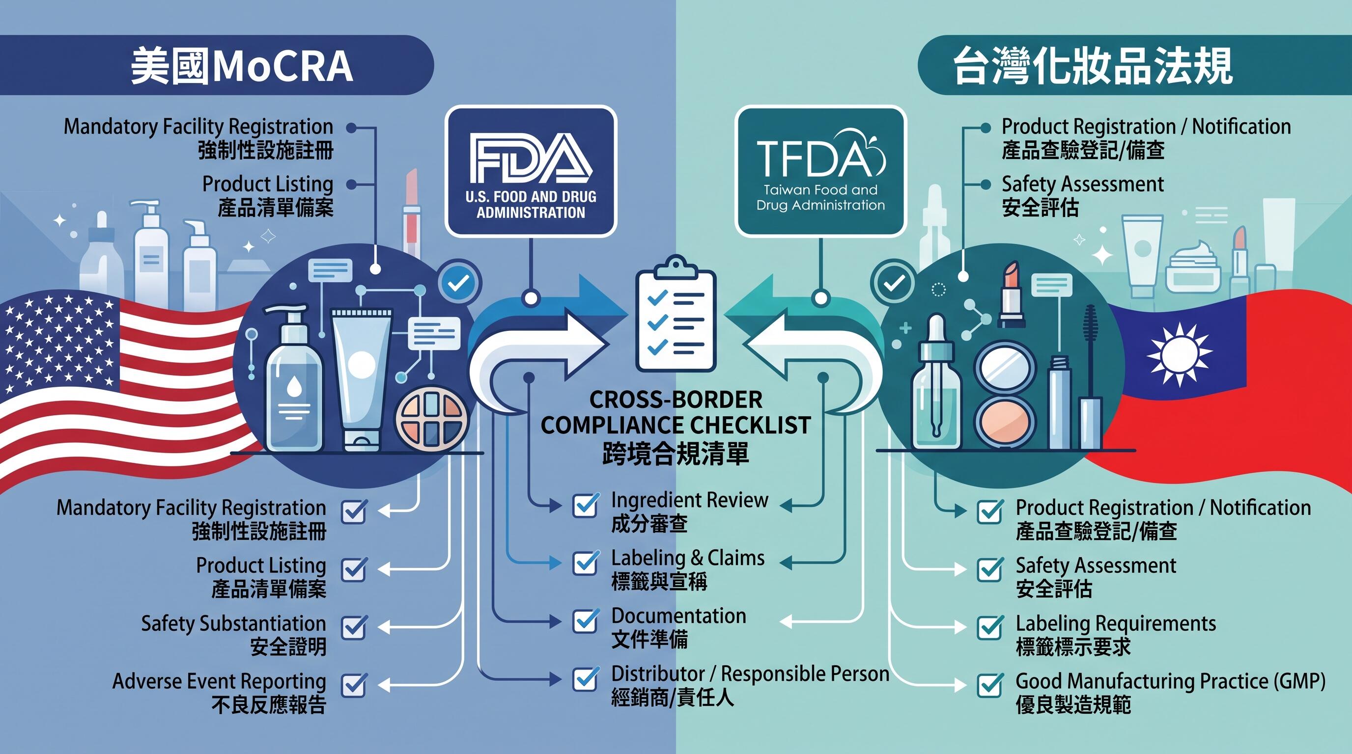 美國MoCRA化妝品法規與台灣化妝品法規差異比較，跨境電商出口合規指南