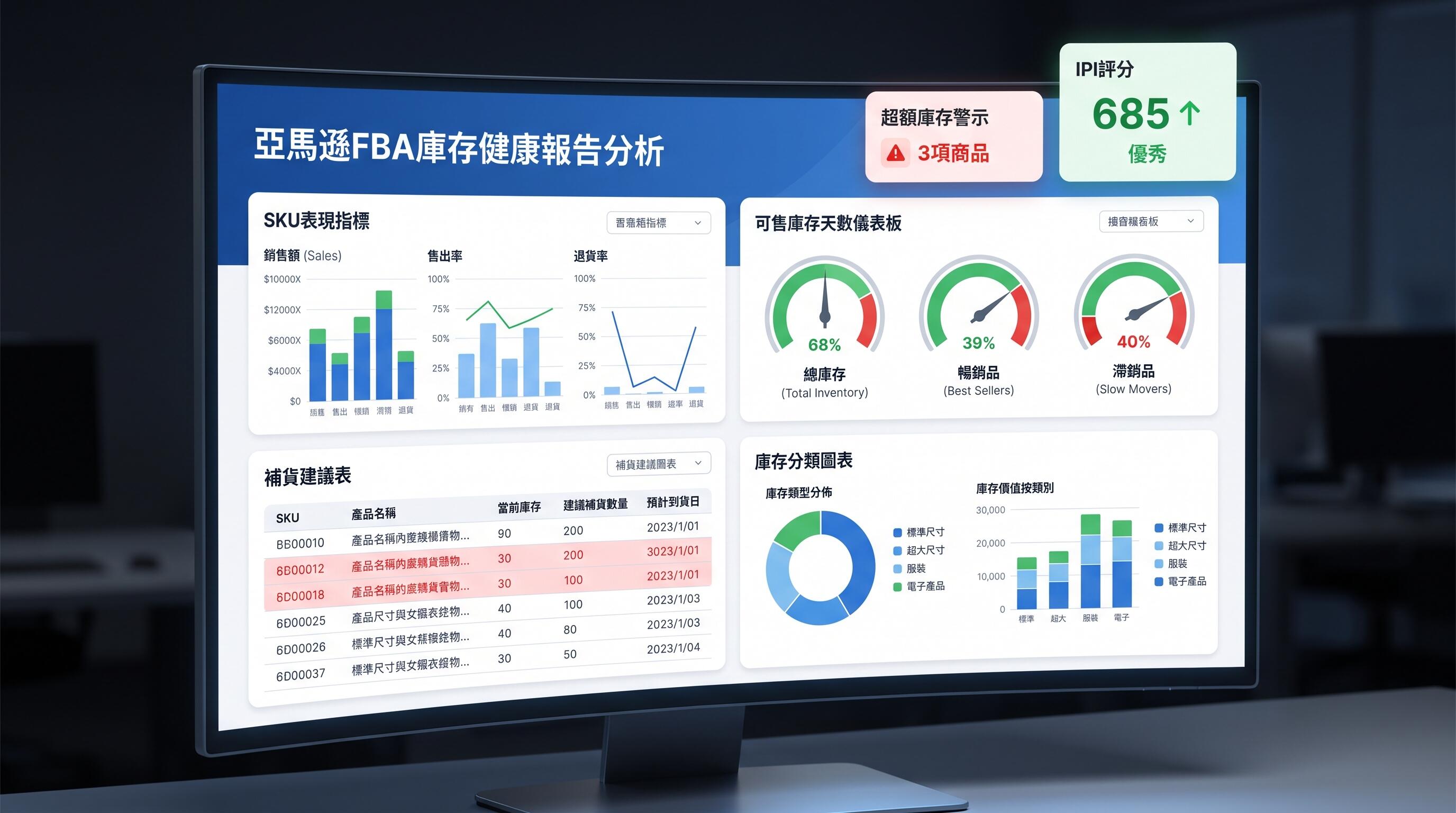 FBA庫存報告數據分析儀表板示意圖，顯示庫存健康指標與補貨建議