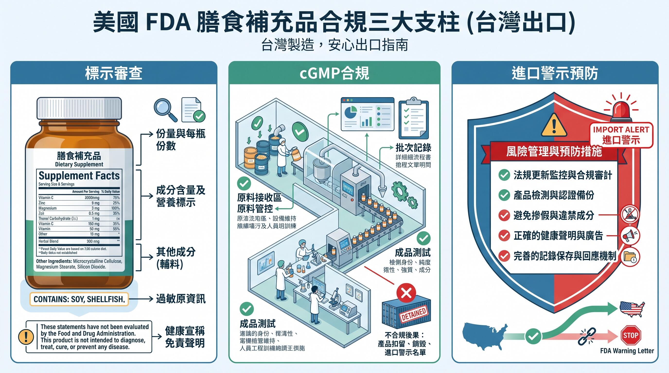FDA保健食品標示審查與cGMP合規重點示意
