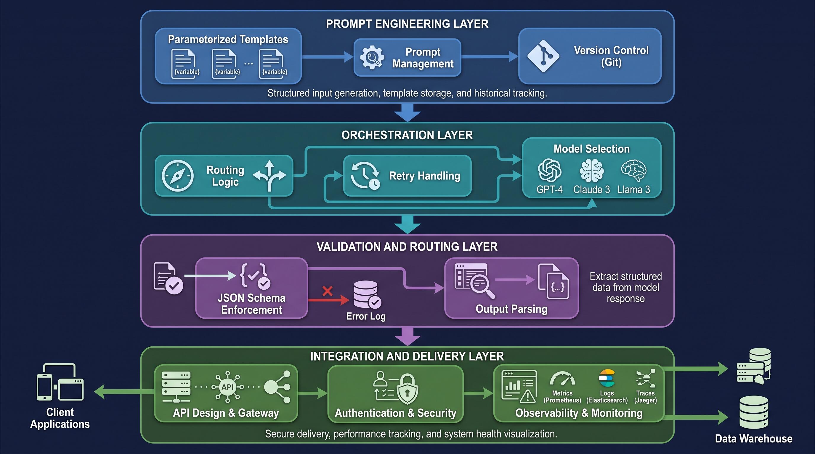 AI automation pipeline architecture diagram showing prompt ingestion, orchestration, validation, and delivery layers