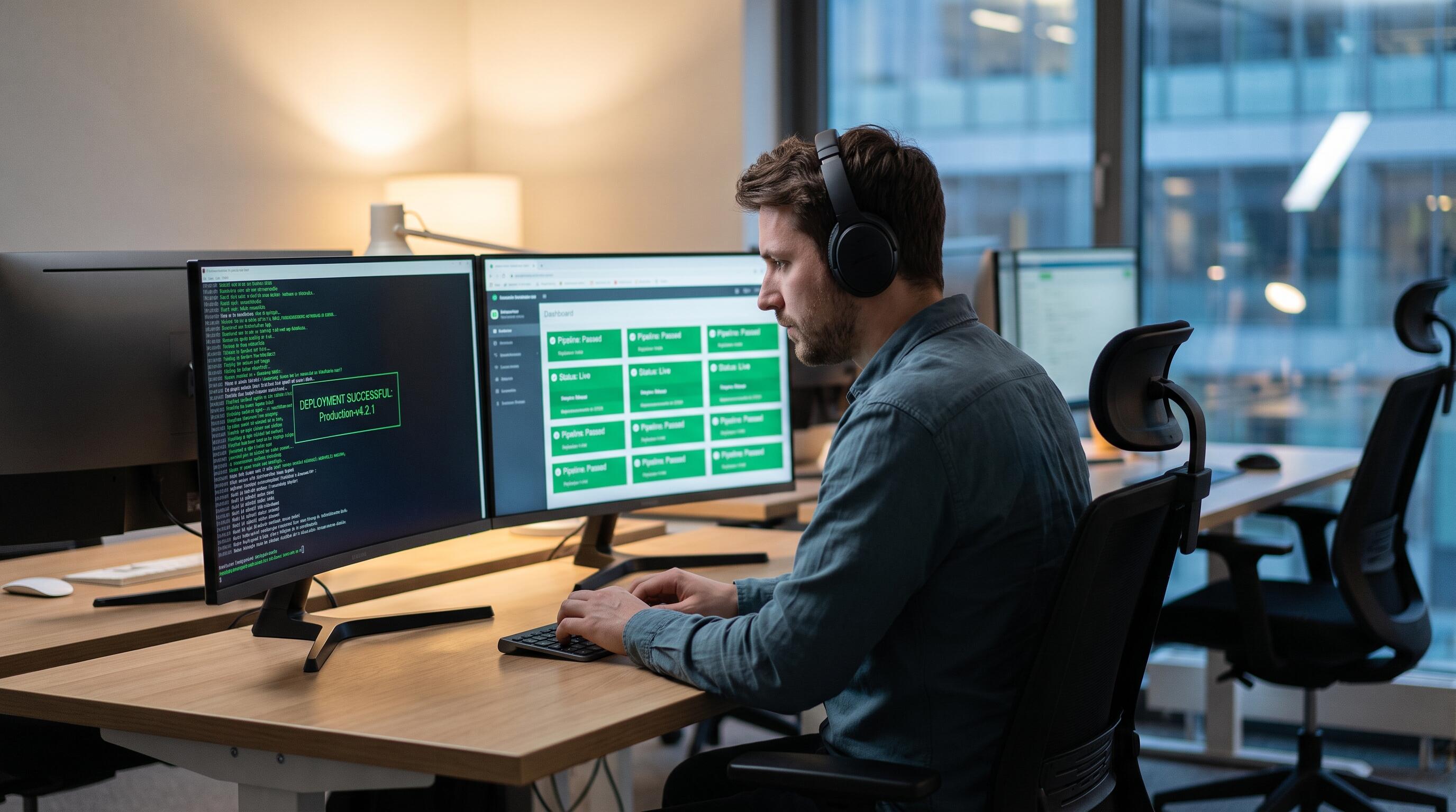 A developer shipping code to production while planning documents pile up untouched on the desk