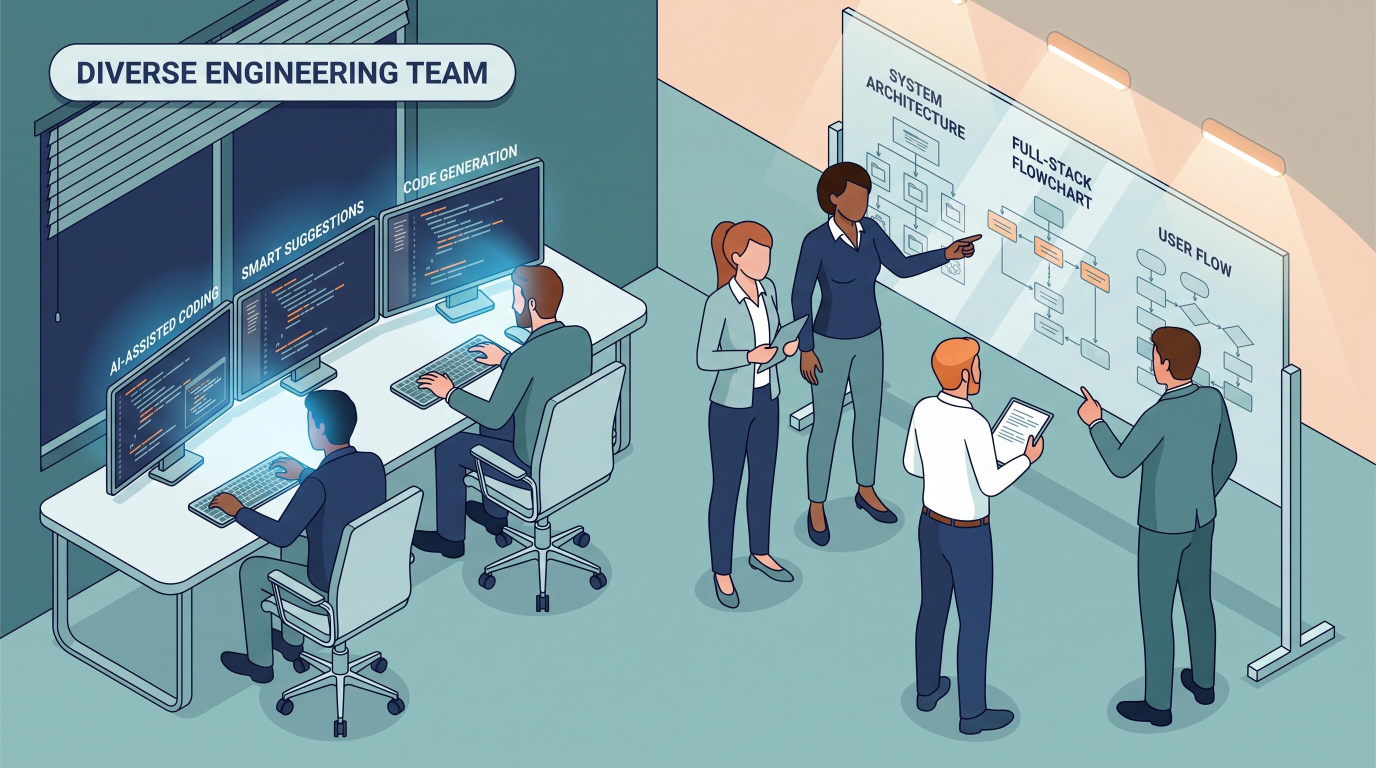 Engineering team balancing vibe coding speed with disciplined systems design for full-stack development