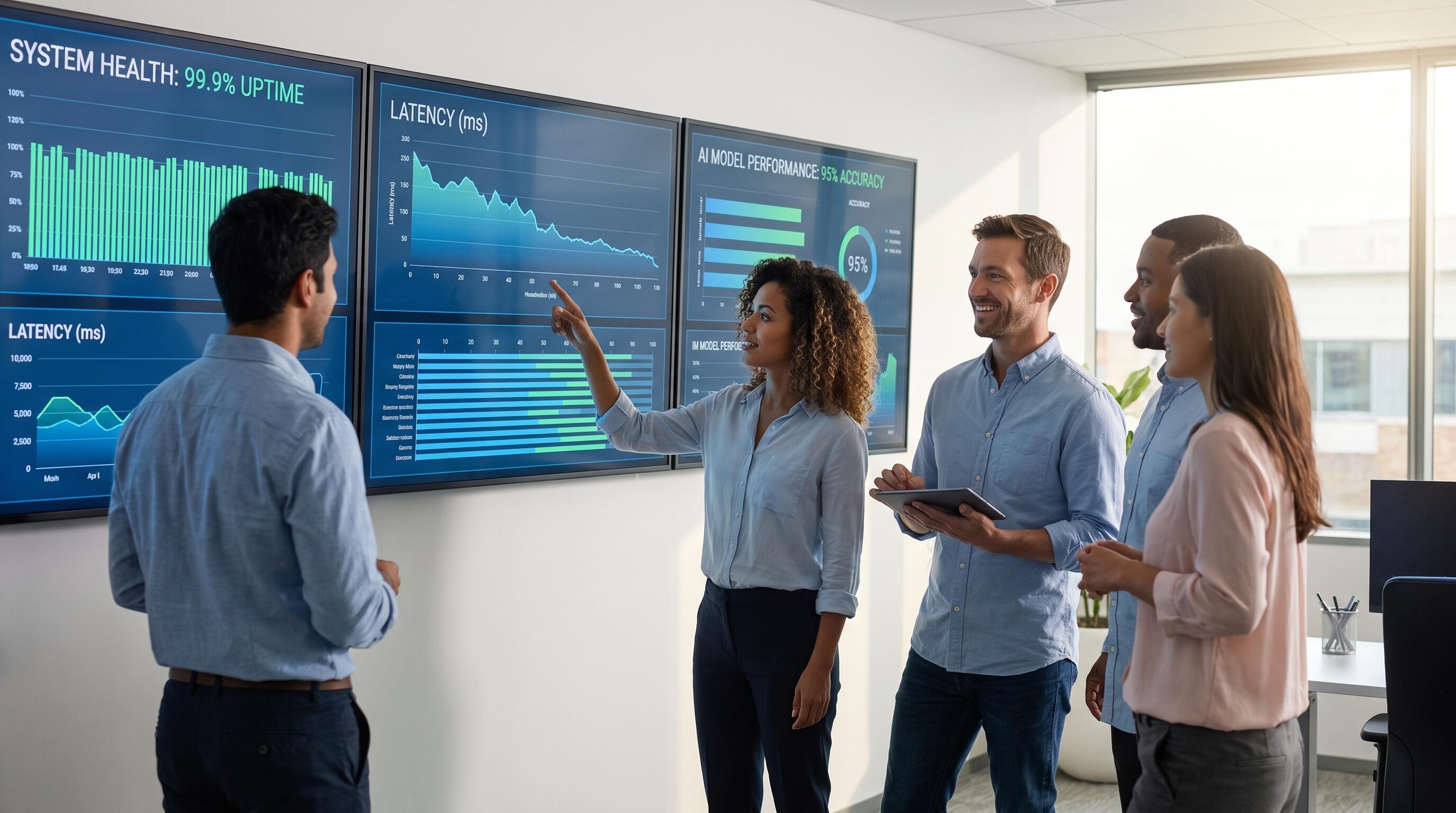 Engineering team reviewing real-time production metrics after shipping an AI-powered feature into live systems