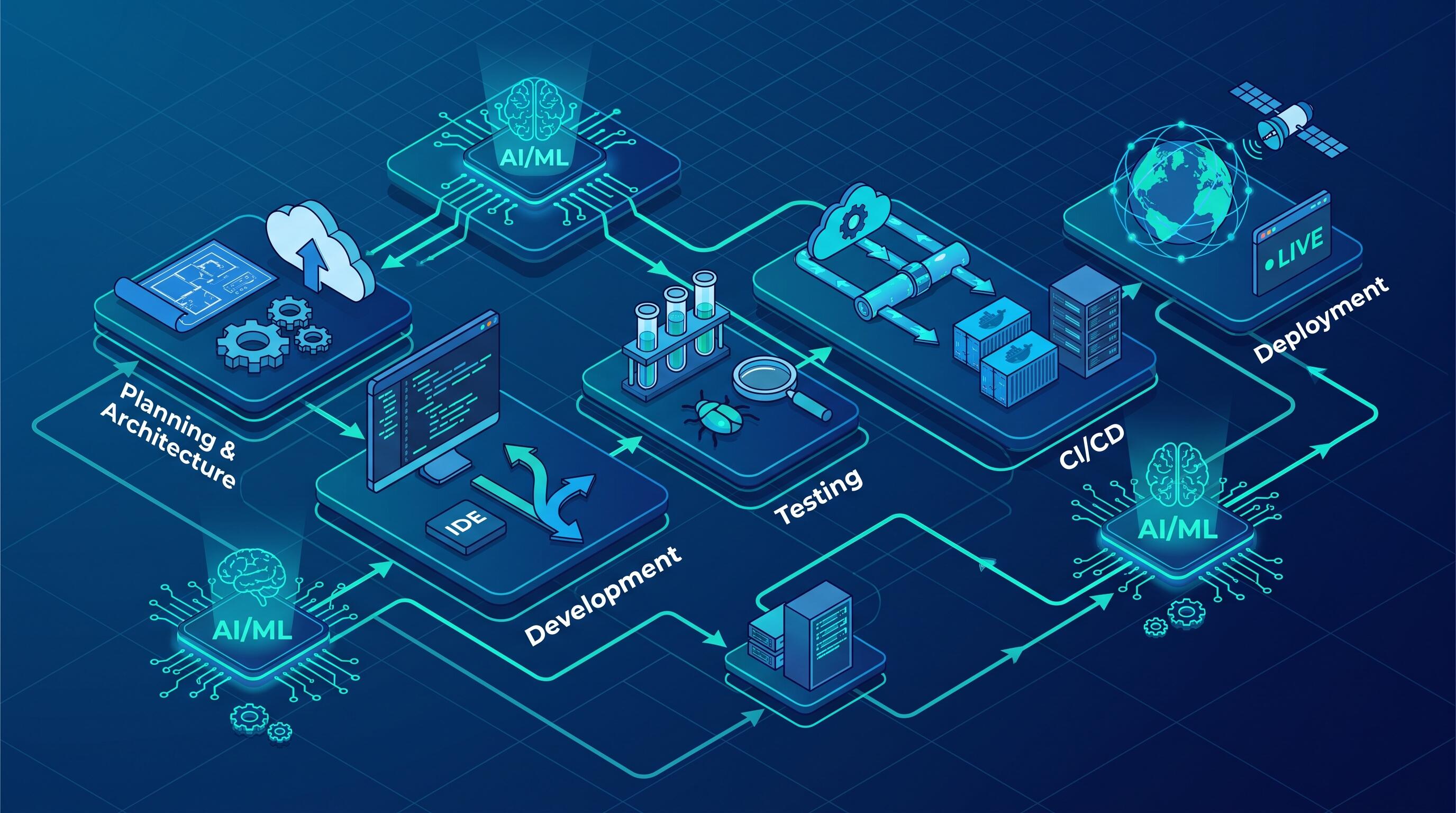 Full-stack development workflow diagram showing engineering pipeline from planning to deployment
