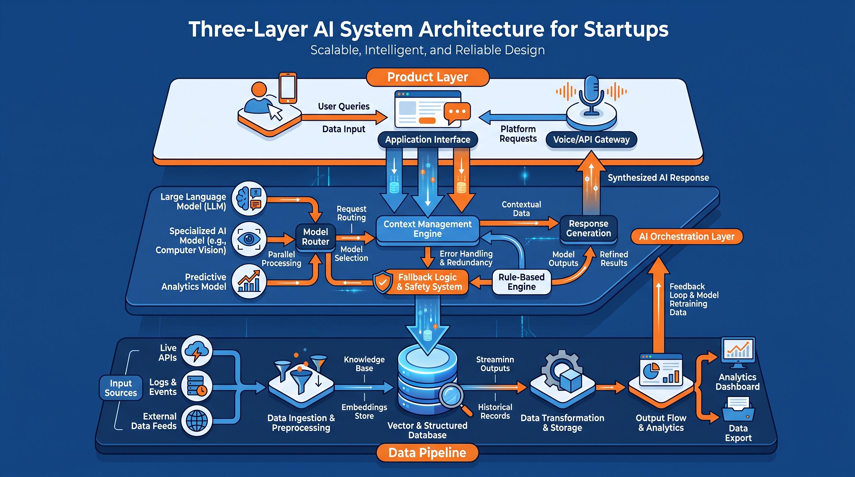 AI architecture diagram showing layered system design for startup machine learning solutions