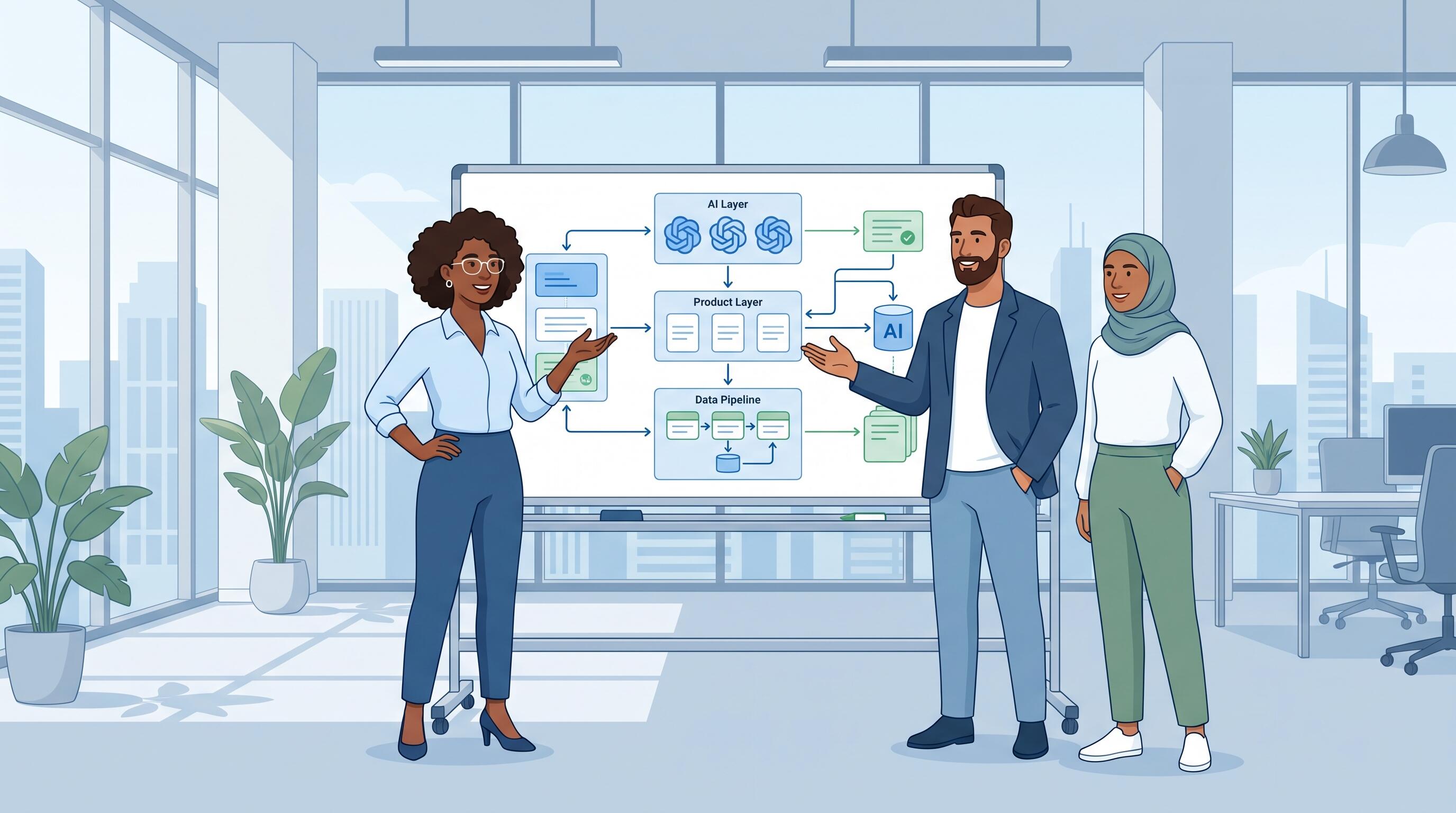 Startup founders reviewing AI architecture diagram on a whiteboard without a full AI team