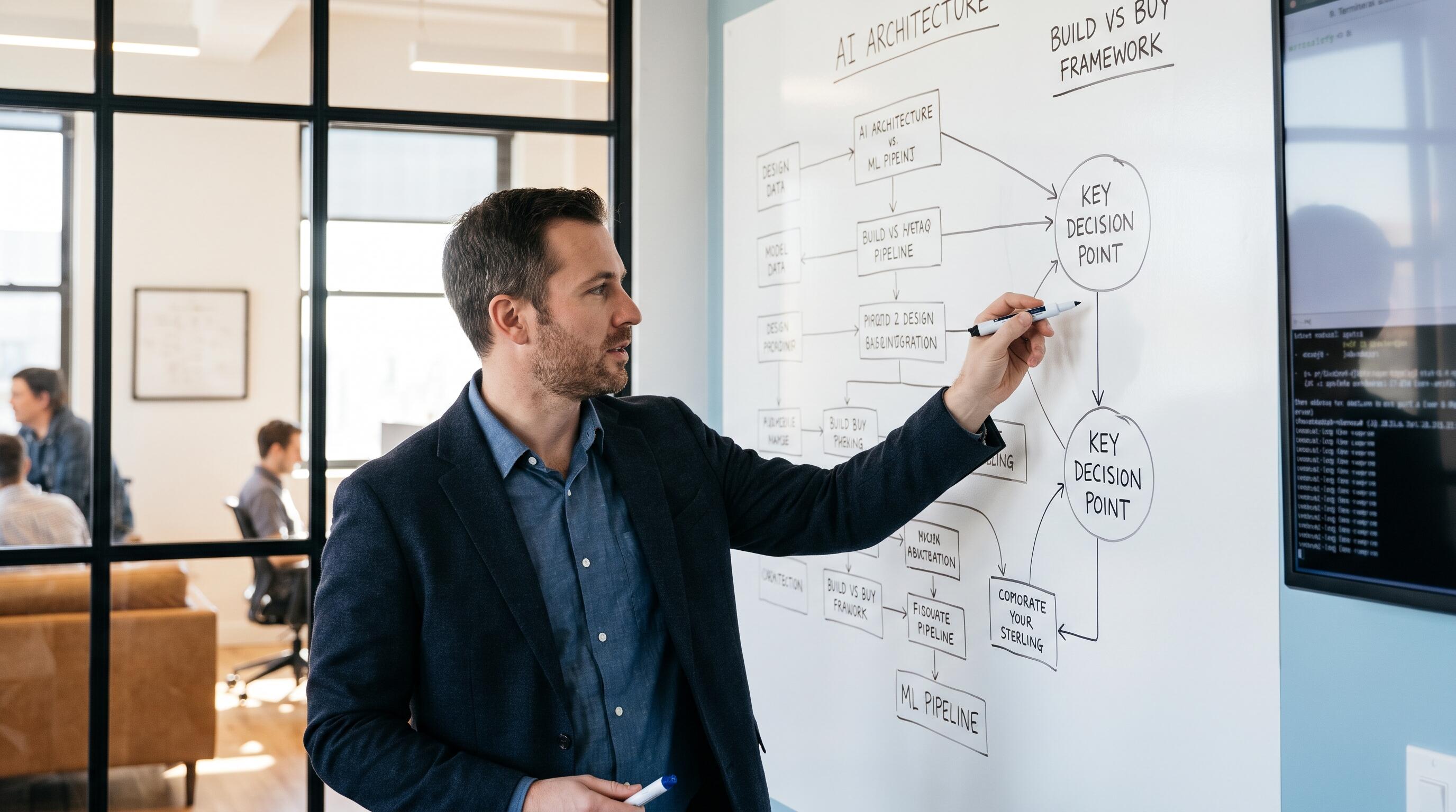 A technical founder reviewing AI architecture decisions on a whiteboard with build vs buy framework diagrams
