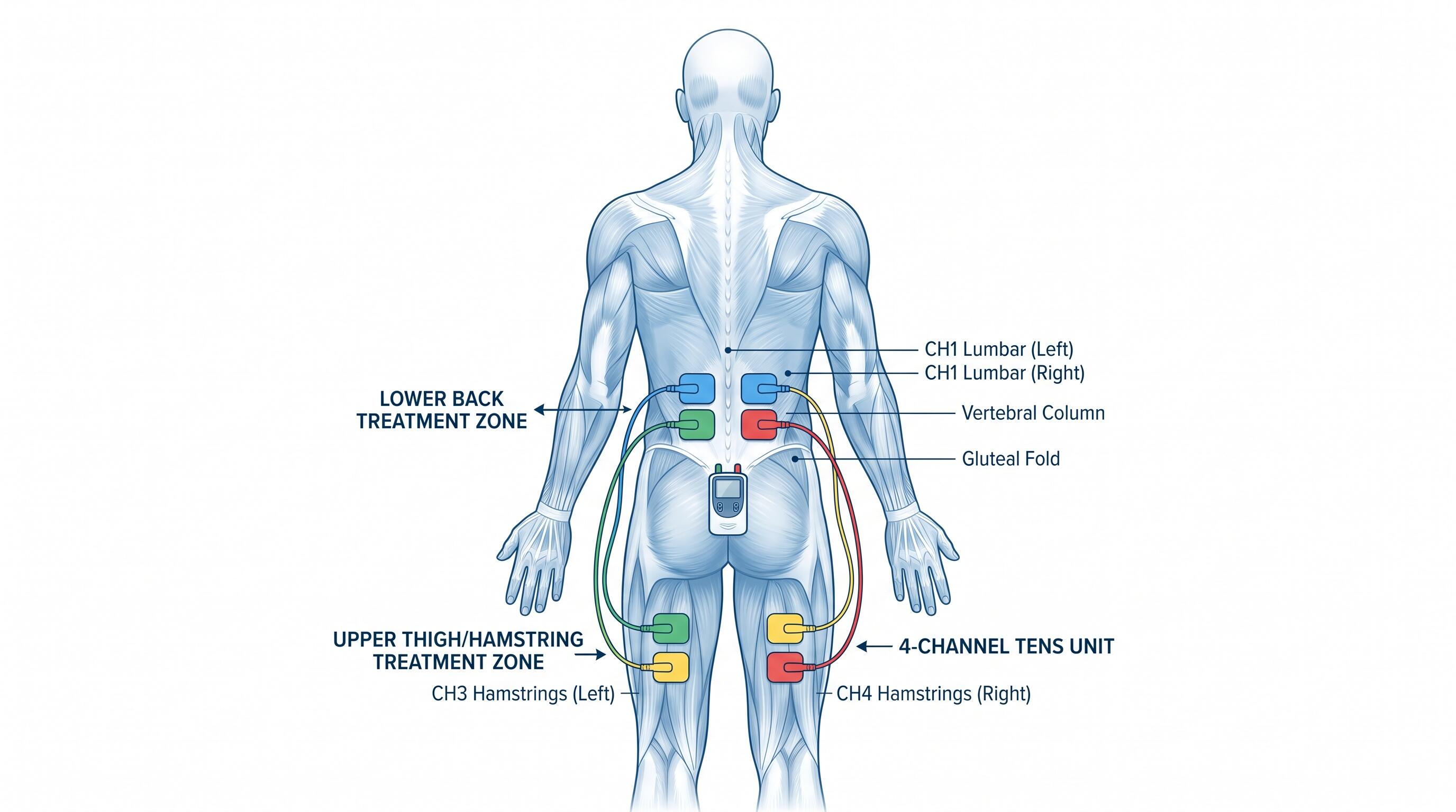 Four-channel TENS unit with eight electrode pads placed on lower back and thighs for bilateral treatment