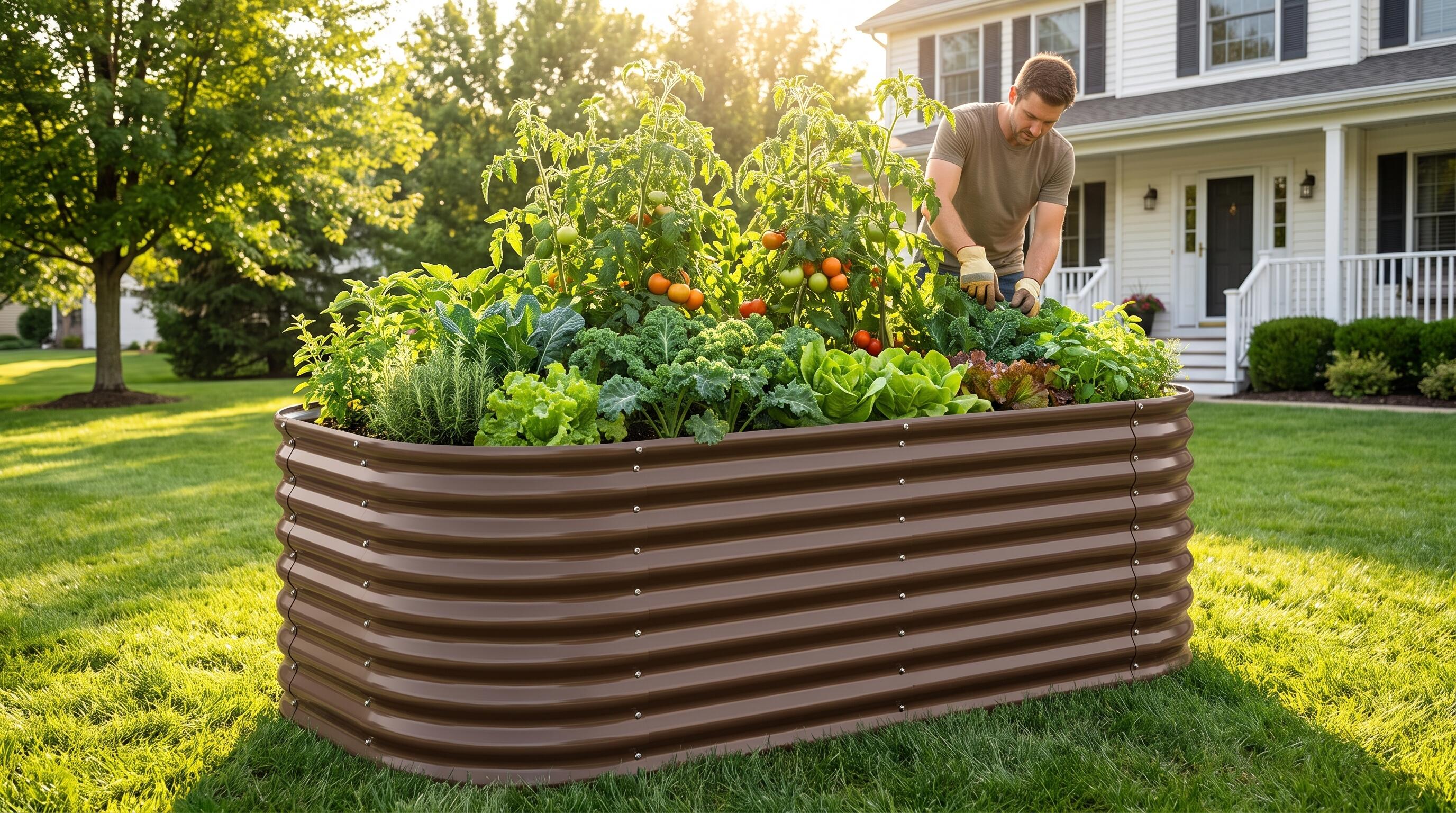 Anleolife 30-inch extra-tall galvanized steel raised garden bed with thriving vegetable plants in a sunny backyard