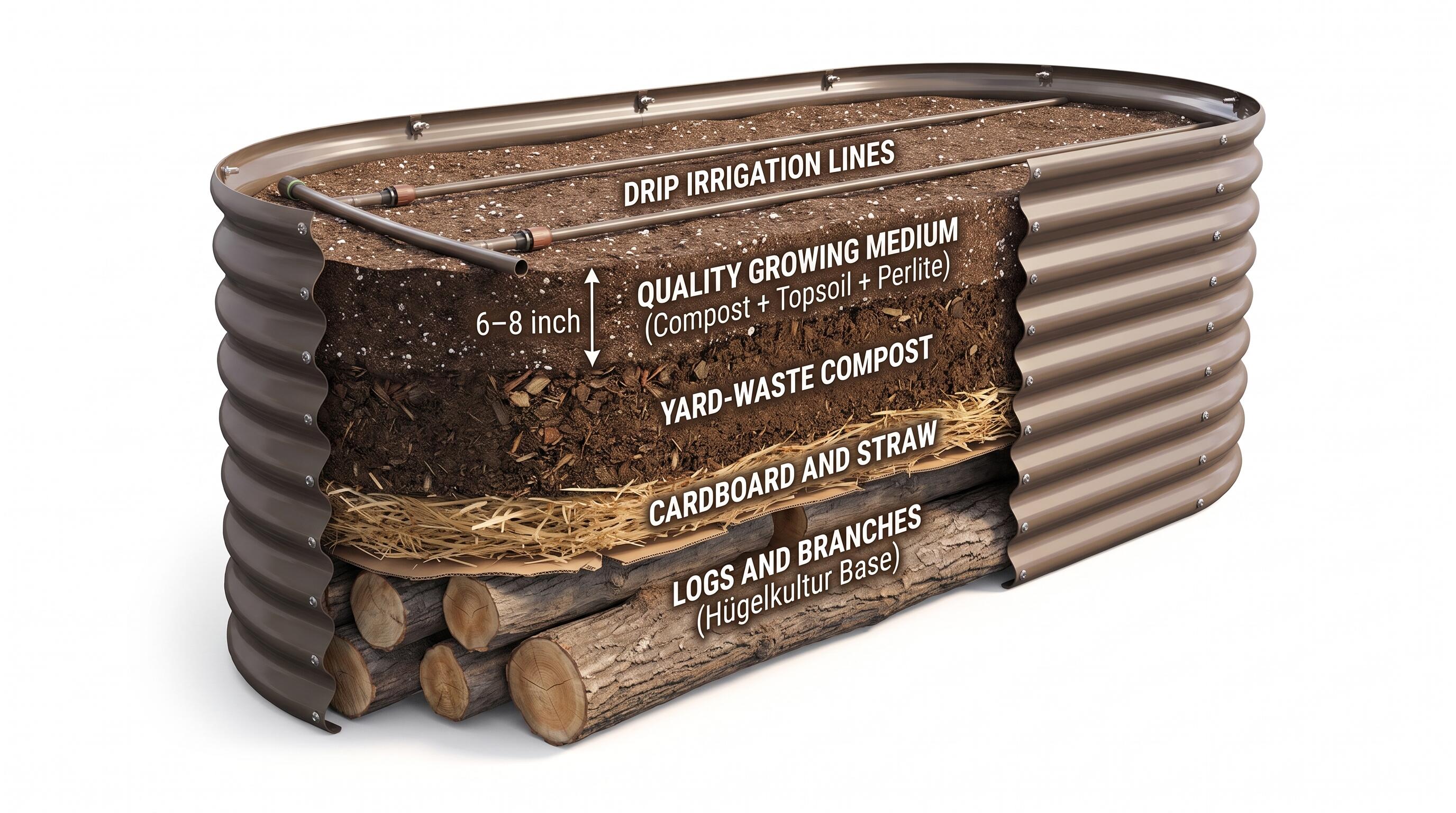 Cross-section view of layered soil filling strategy inside an extra-tall 30-inch galvanized steel raised garden bed