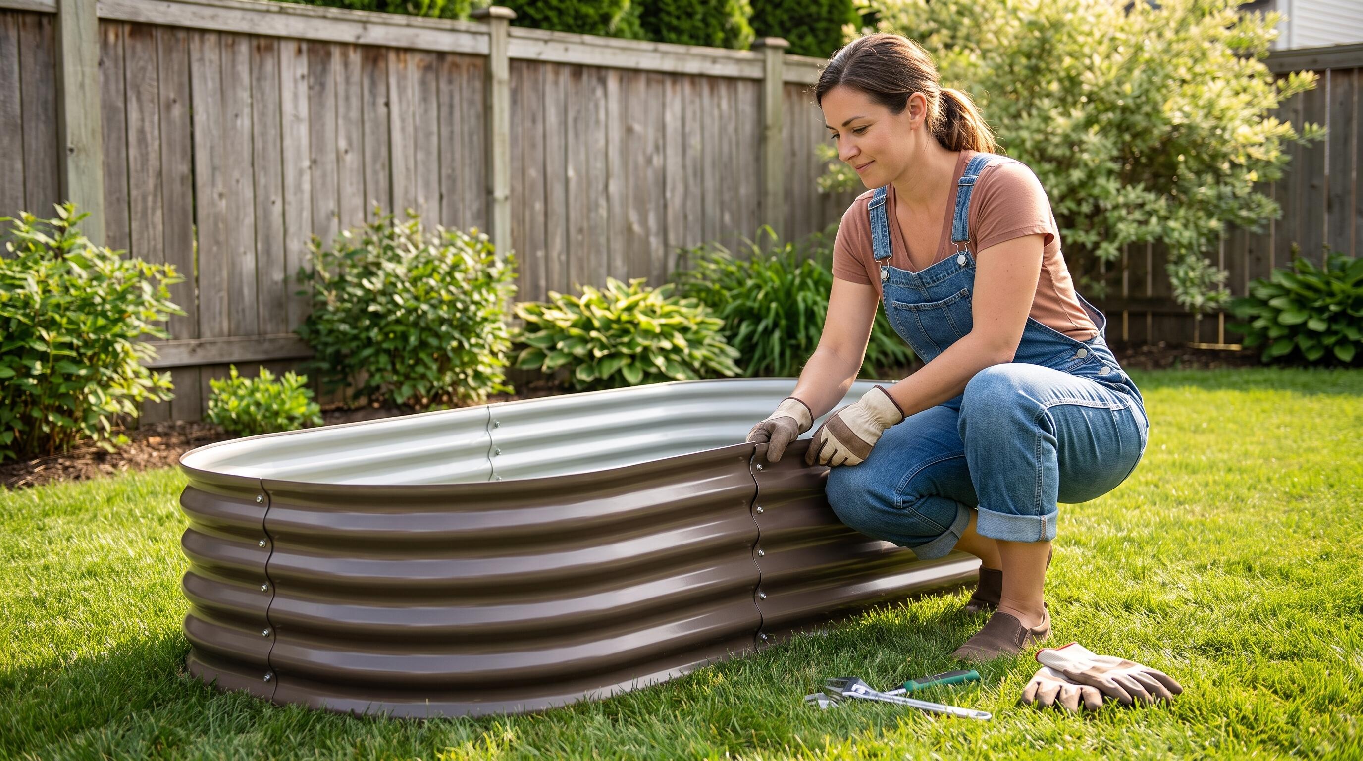 A person assembling a galvanized steel raised garden bed in a sunny backyard, ready for planting