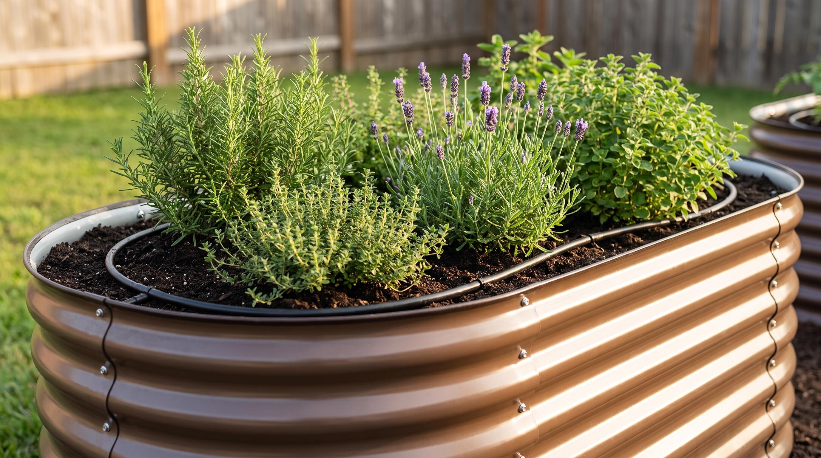 A close-up of a galvanized steel raised bed filled with fresh herbs, showing sustainable outdoor herb gardening with proper soil and irrigation