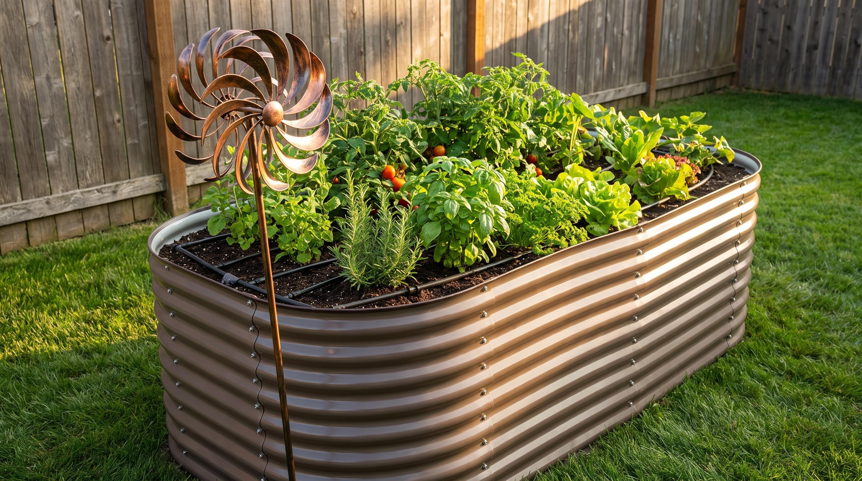 A galvanized steel raised garden bed filled with vegetables, drip irrigation lines installed, and a kinetic wind spinner nearby in a sunny backyard garden