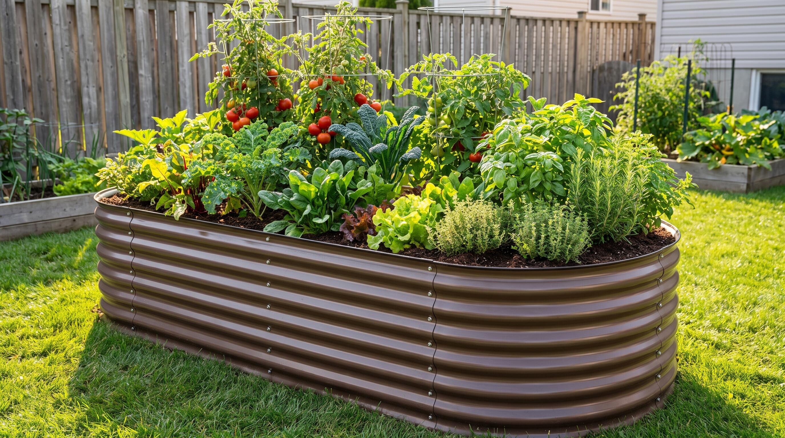 A galvanized steel raised garden bed filled with thriving vegetables, demonstrating sustainable and durable raised bed gardening