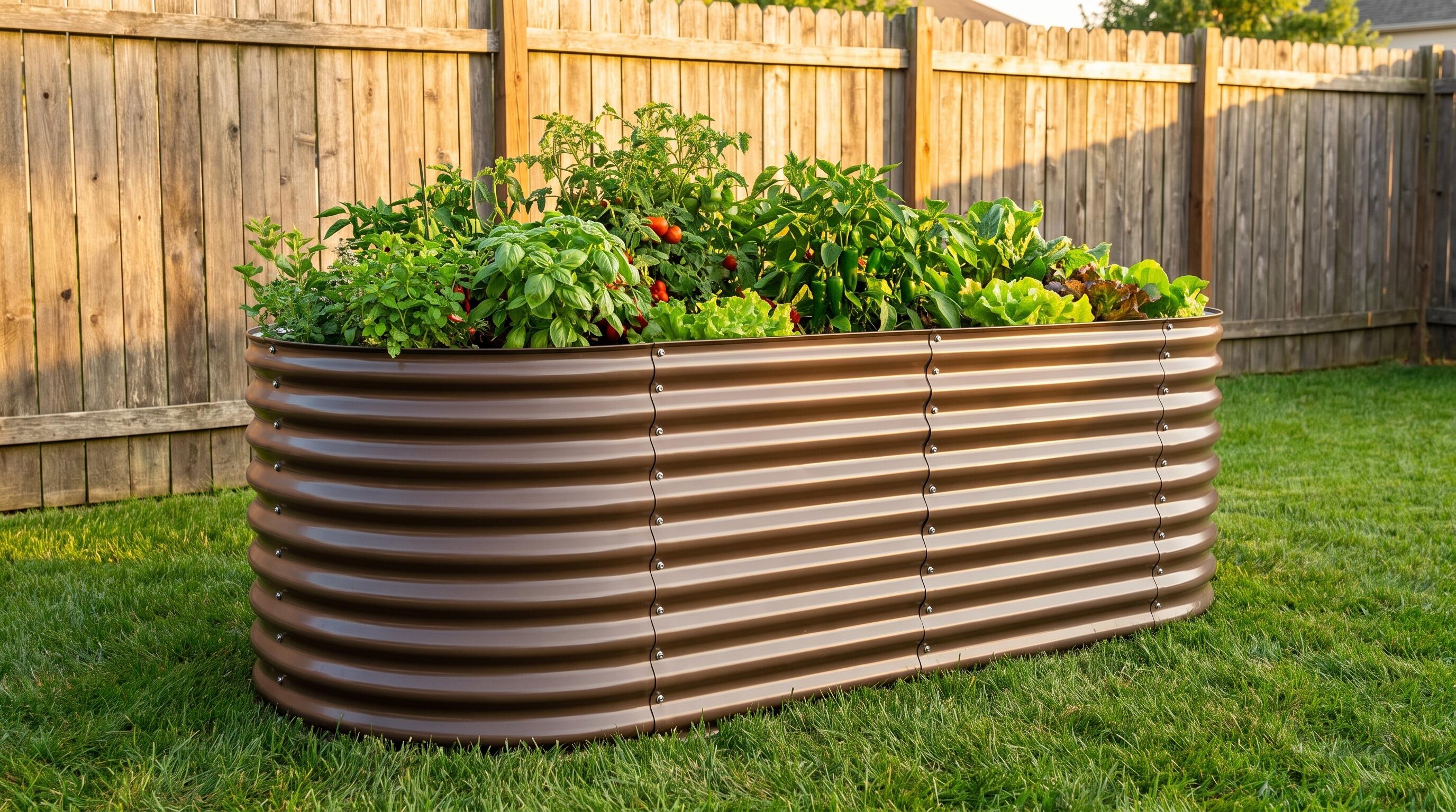A galvanized steel raised garden bed thriving in a backyard through extreme summer heat and winter frost