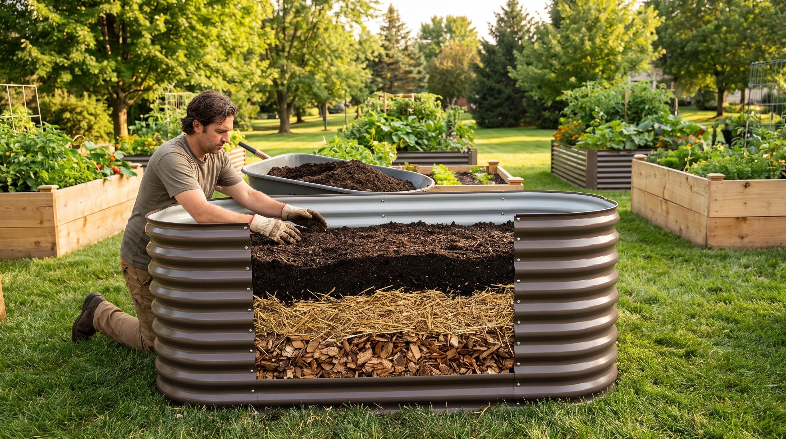 A gardener filling extra-tall 30-inch and 35-inch raised garden beds with affordable layered soil