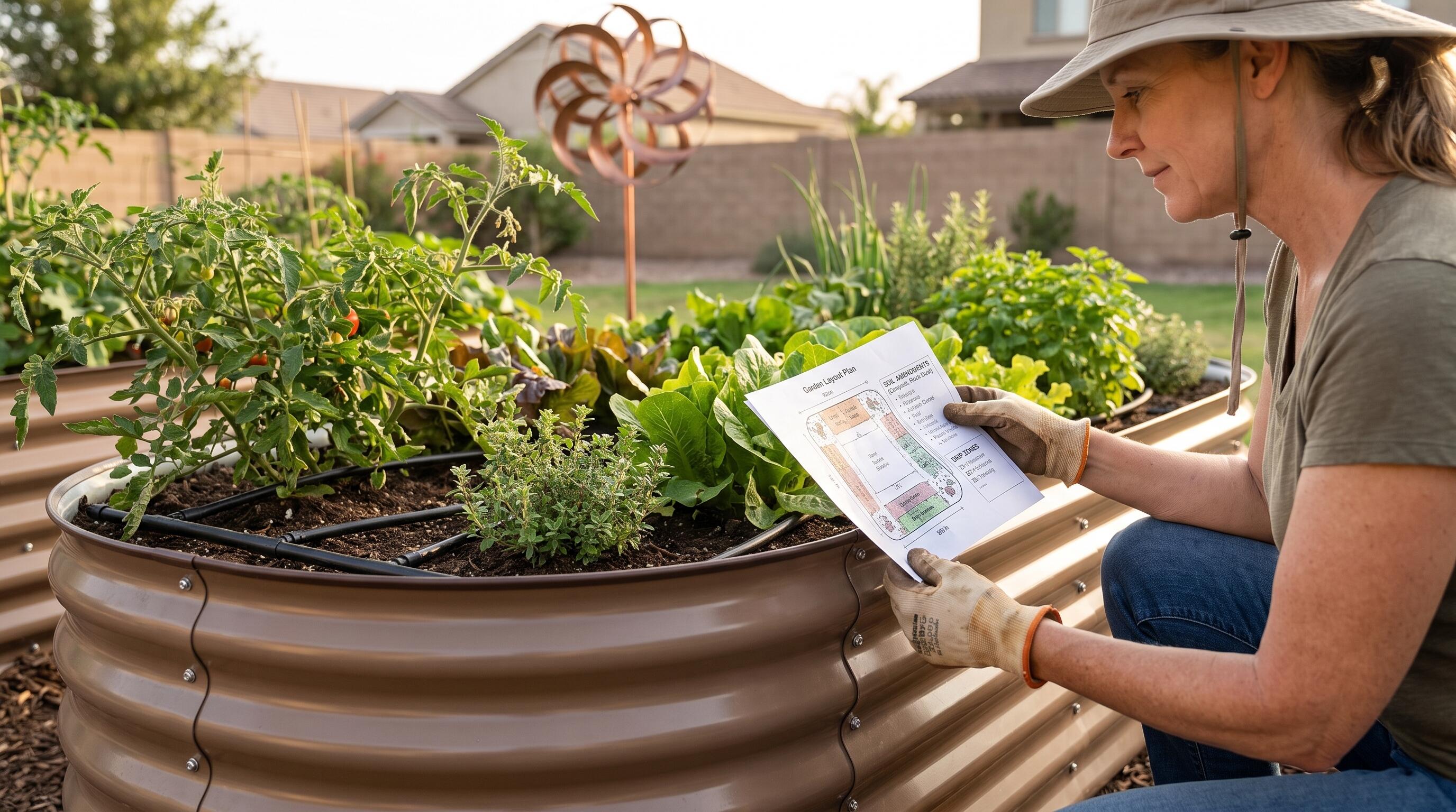 Gardener planning raised bed layout with soil amendments, irrigation drip lines, and kinetic wind spinner in background