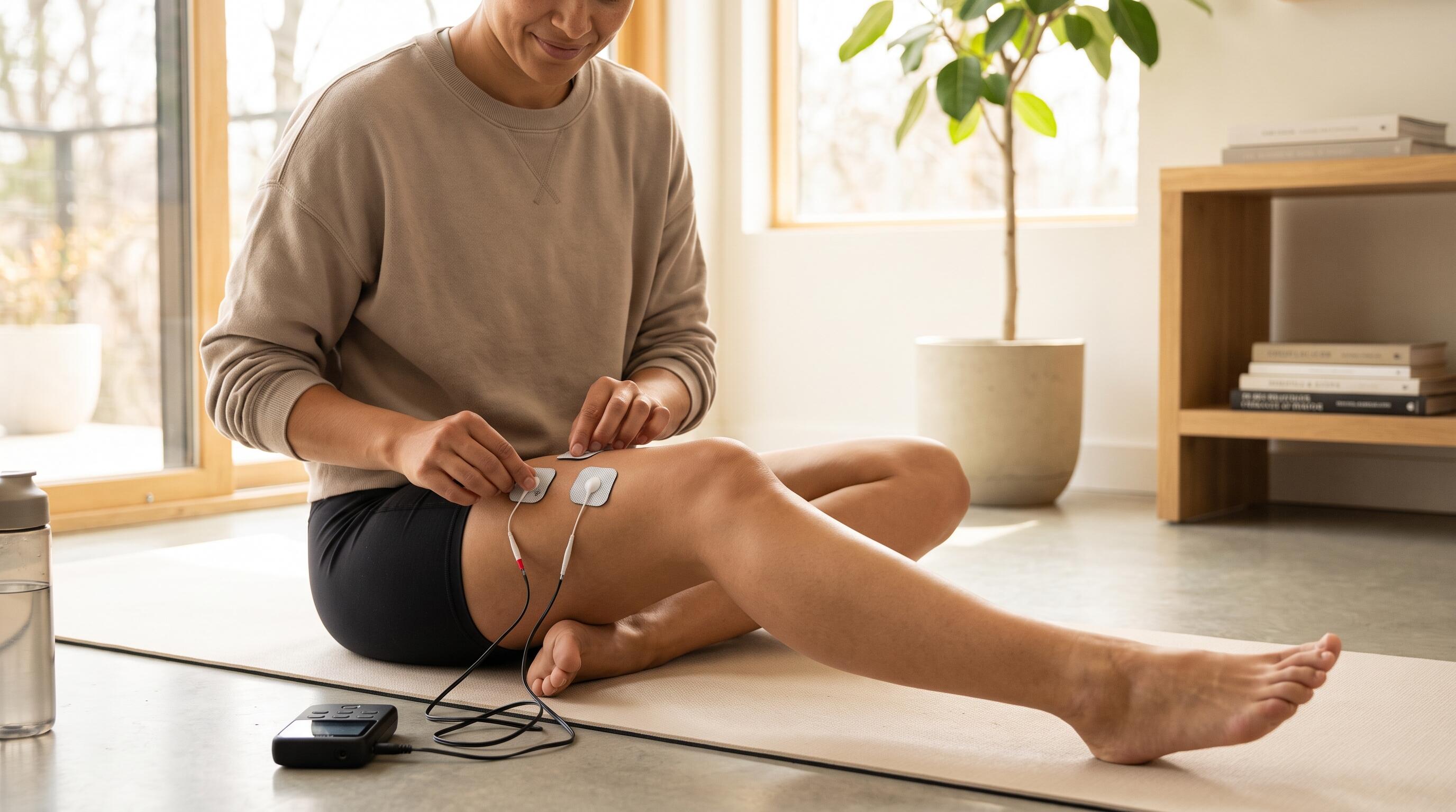 Person using an iStim EMS device on leg muscles for rehabilitation and muscle stimulation after exercise