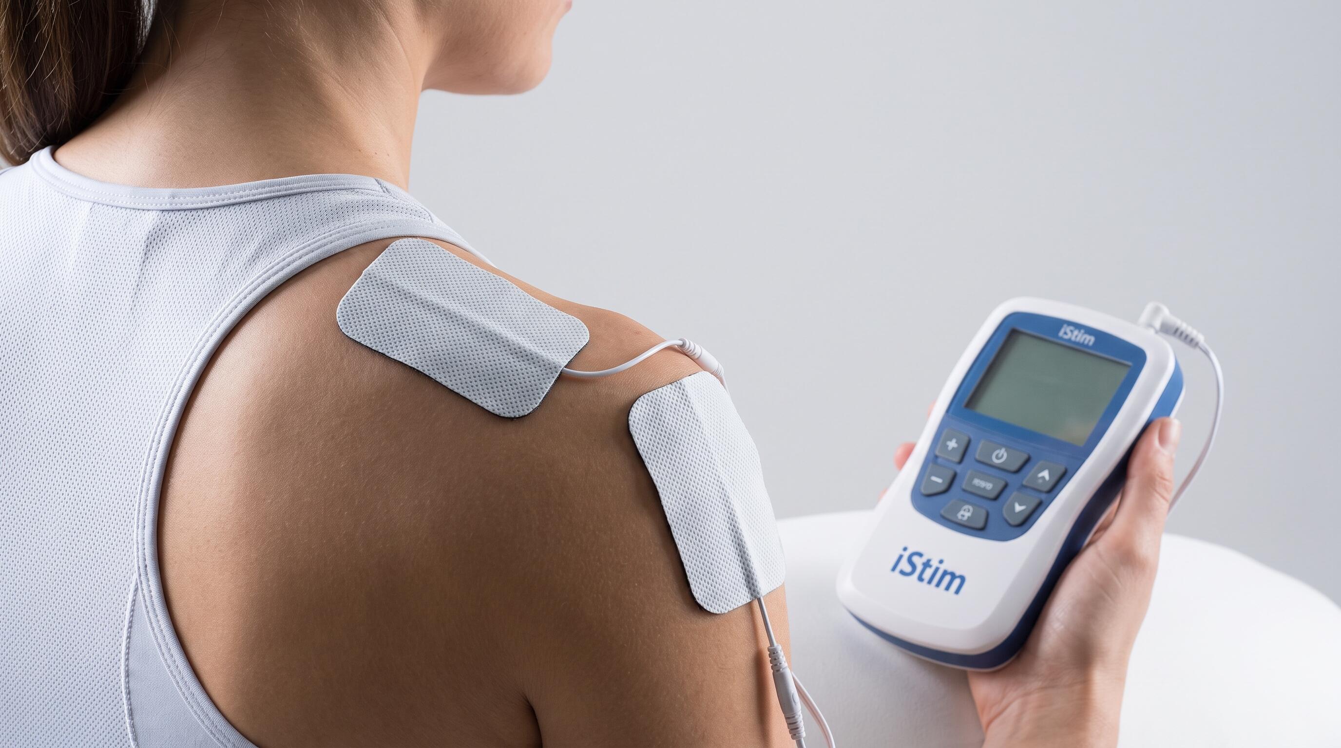iStim TENS unit with electrode pads applied to upper trapezius and shoulder for tension relief routine