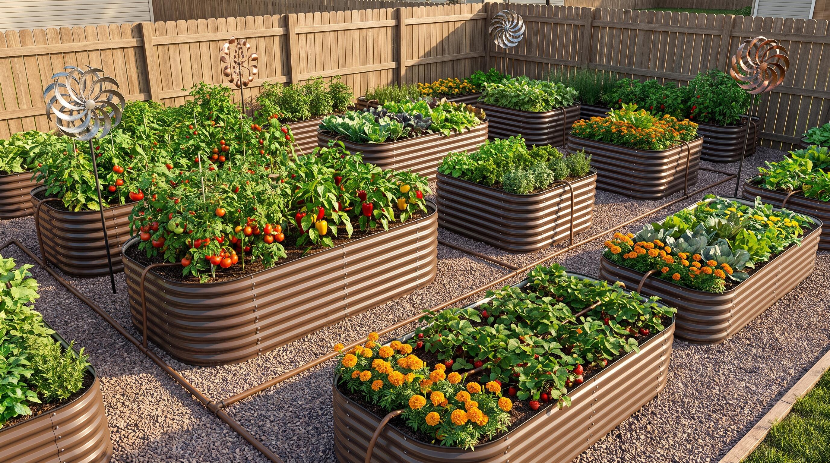 A detailed multi-bed raised garden layout with drip irrigation systems and colorful kinetic wind spinners in a 1000 sq ft backyard garden space