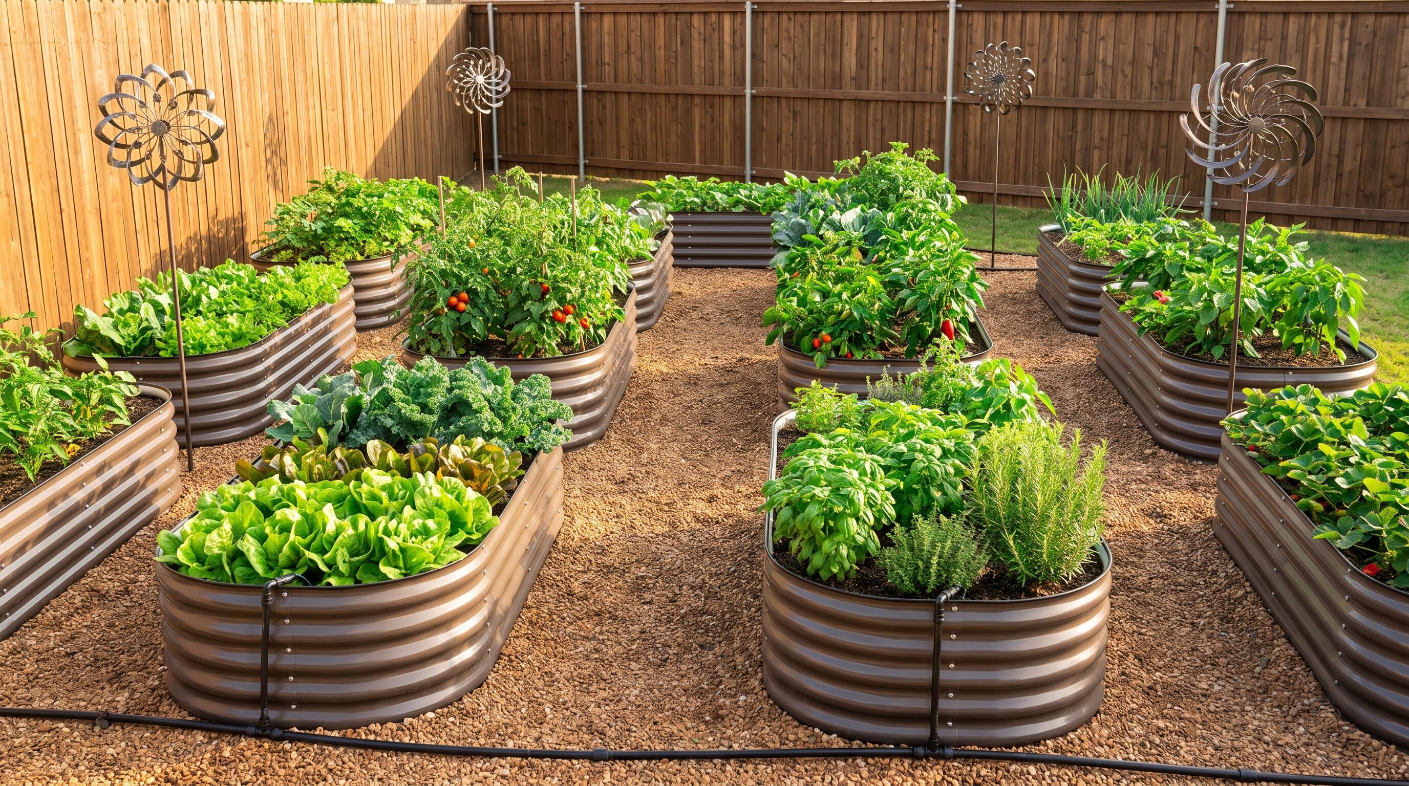 A beautifully organized multi-bed garden layout in a 600-1000 sq ft backyard with raised garden beds, irrigation systems, and kinetic wind spinners
