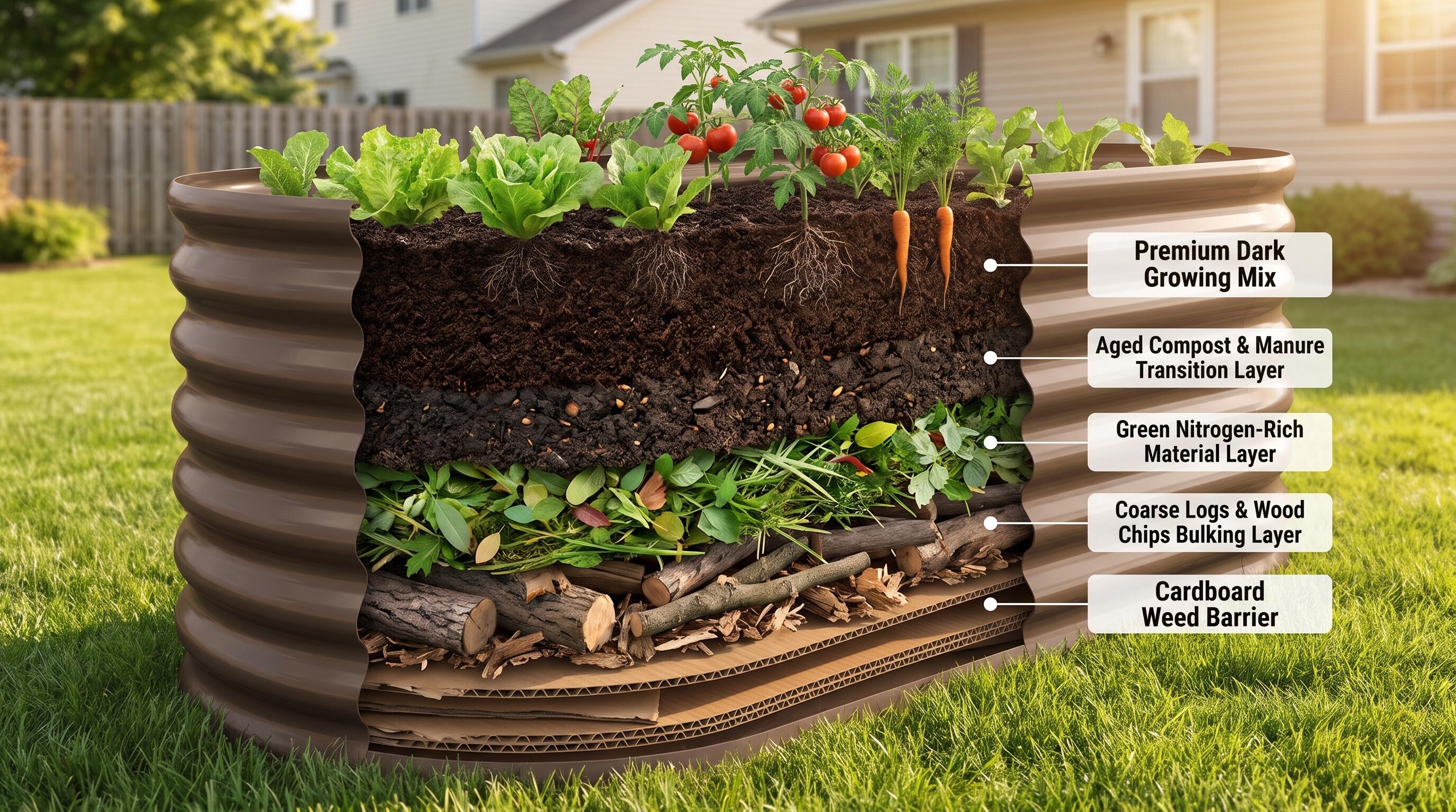 A deep raised garden bed showing distinct organic layers including wood chips, compost, and premium growing mix at the top
