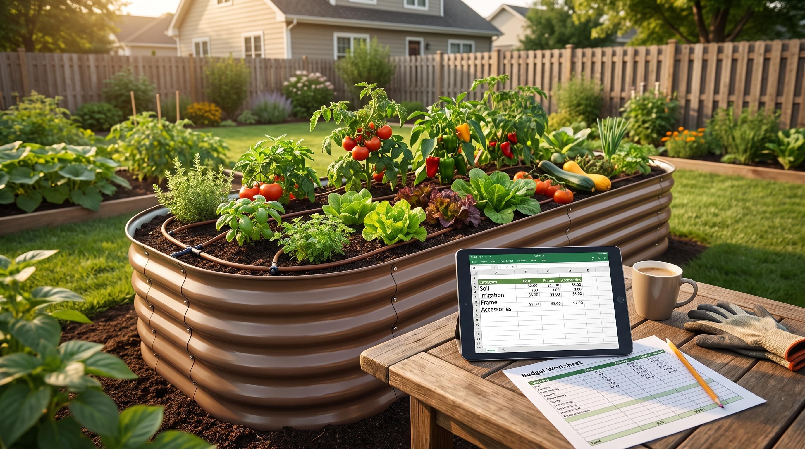 Raised Garden Bed Budget Calculator showing cost breakdown for soil, materials, and accessories