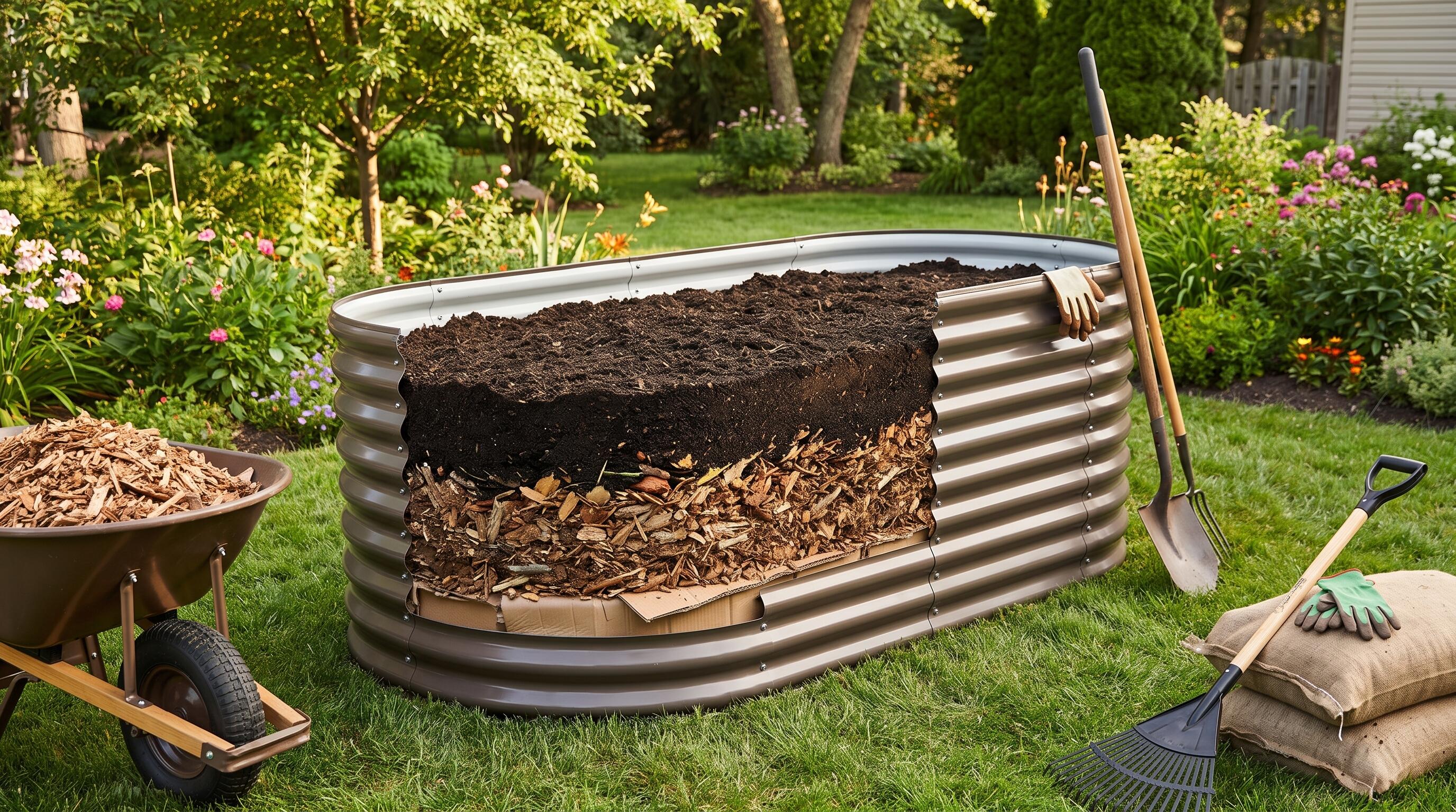 A layered raised garden bed filled with compost, wood chips, and soil alternatives instead of all topsoil