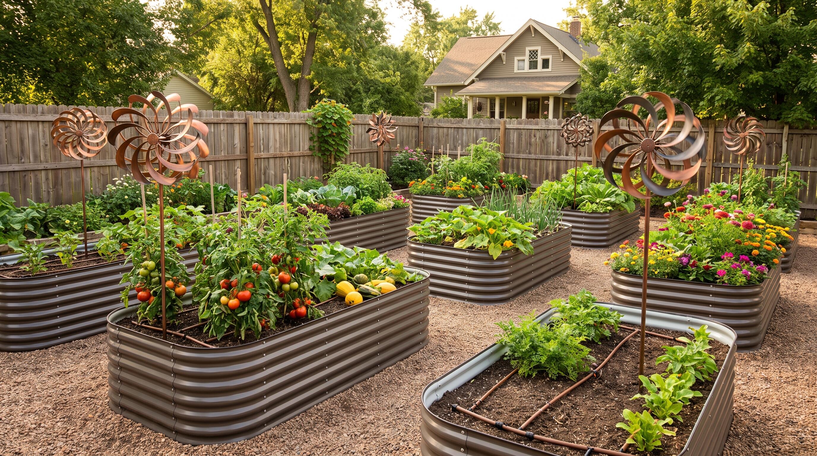 Modular rust-resistant raised garden beds arranged in a layout with irrigation lines and decorative garden accessories