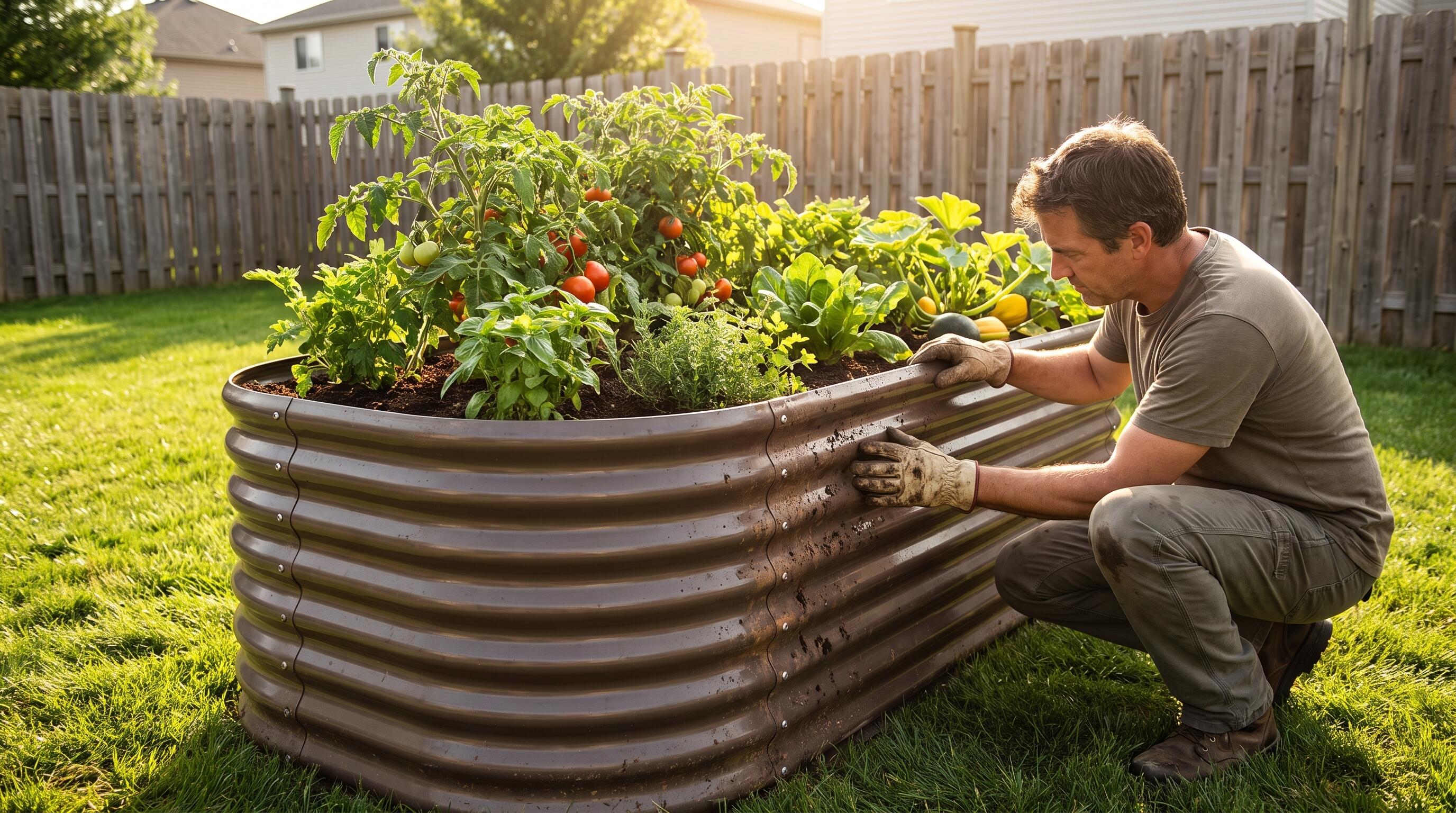 A gardener inspecting a rust-resistant raised garden bed kit after multiple growing seasons outdoors