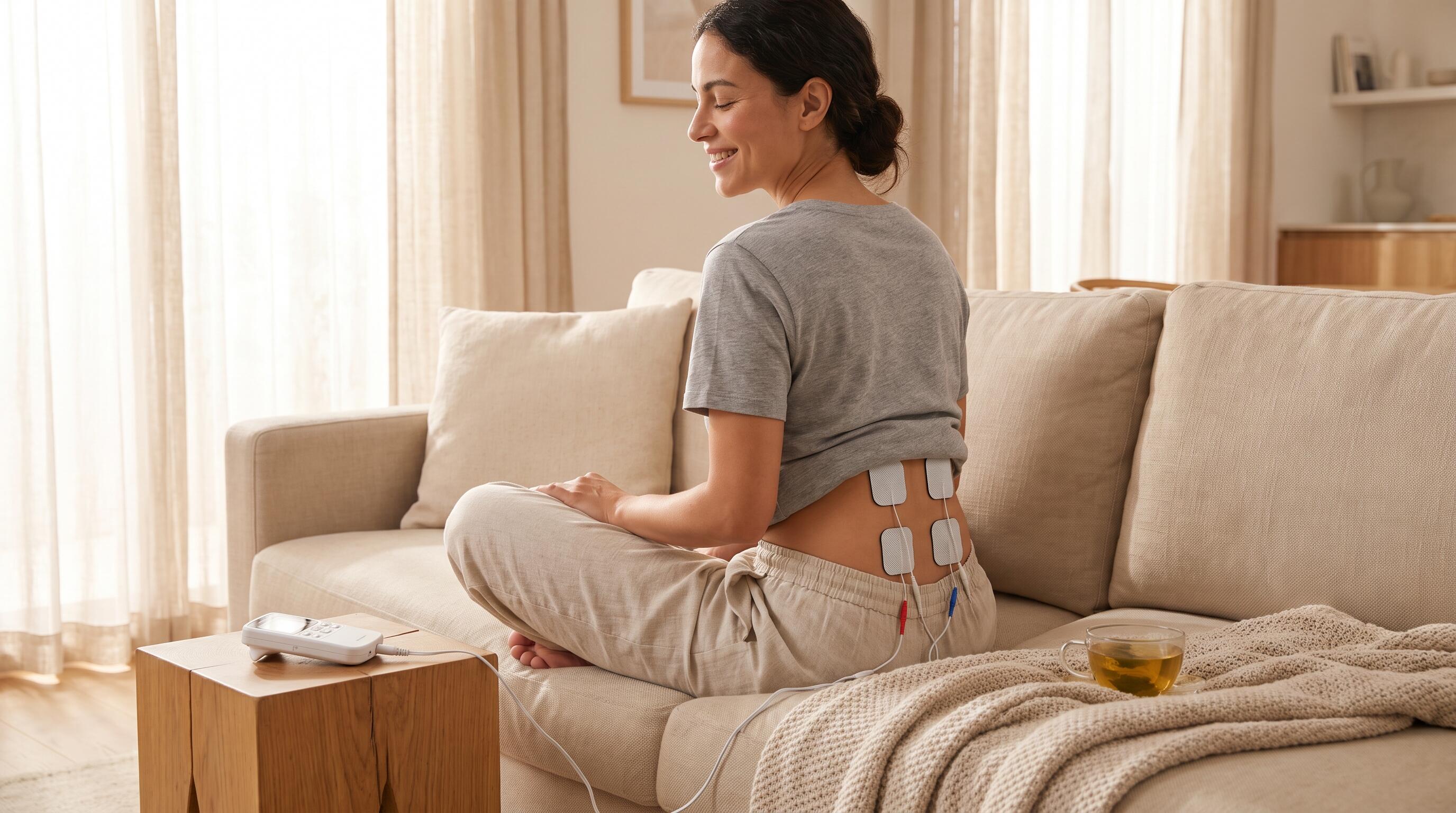 A person using a TENS EMS combo machine on their lower back at home for drug-free pain relief