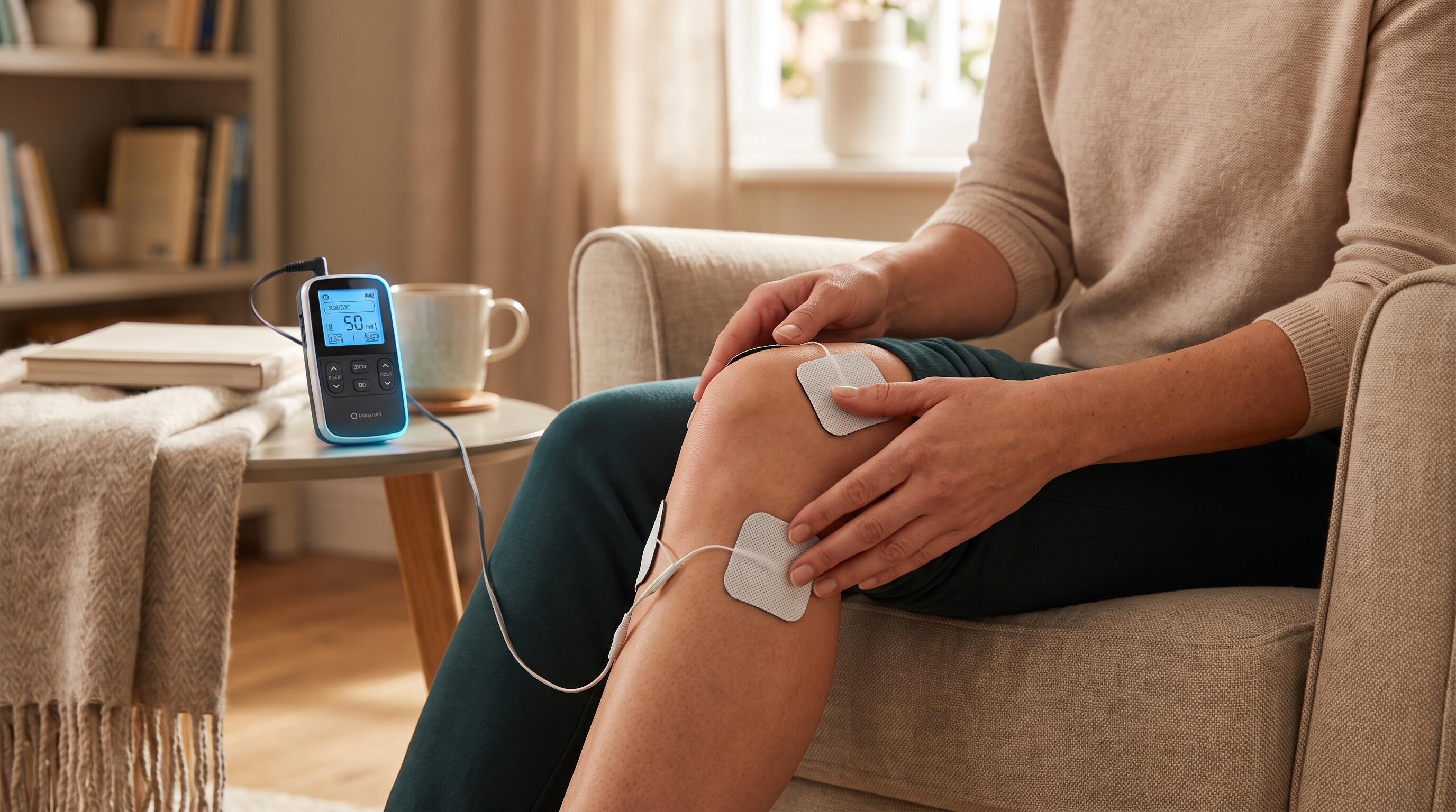 A person using a TENS unit on their knee for drug-free pain relief during a home management routine