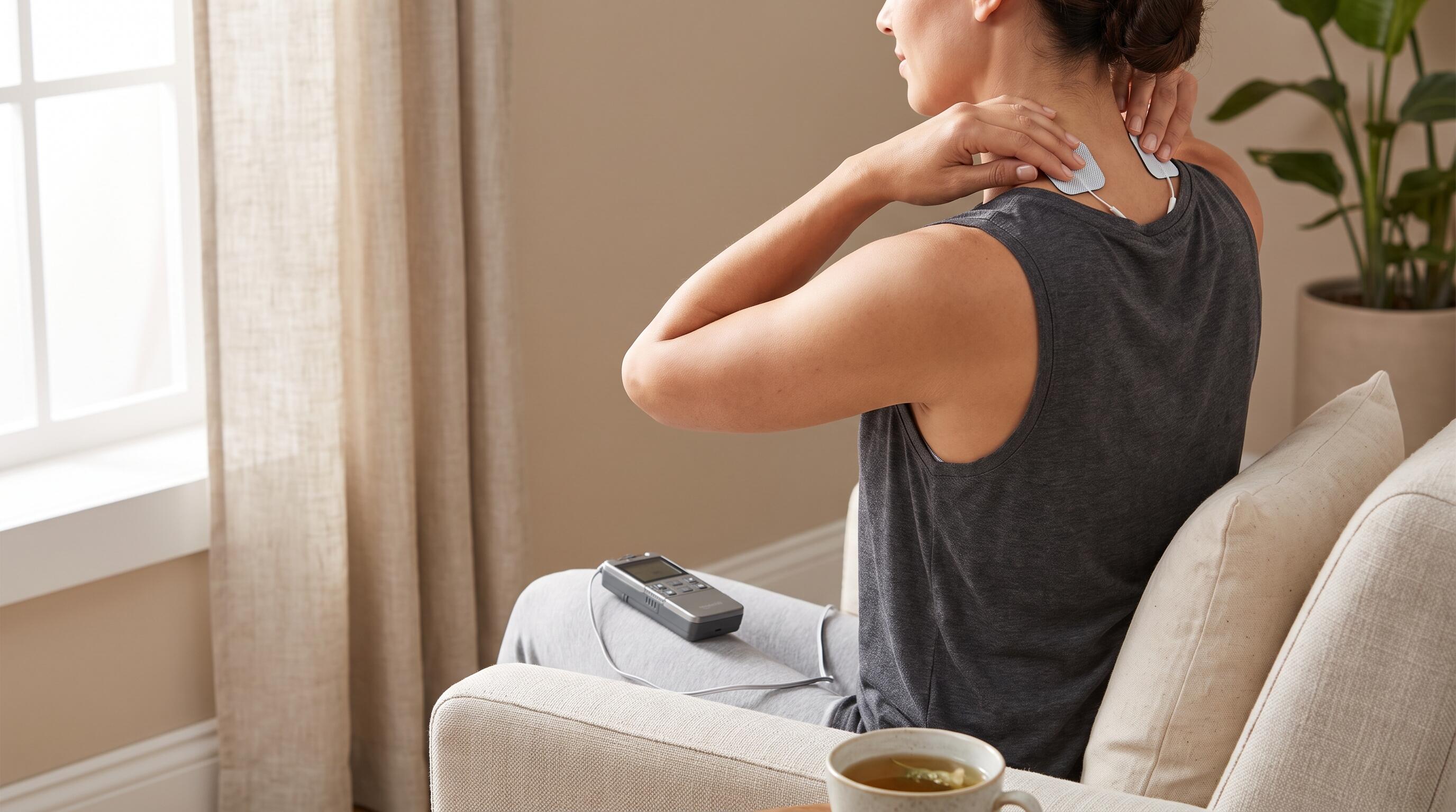 A person using a TENS unit on their shoulder for tension and pain relief at home