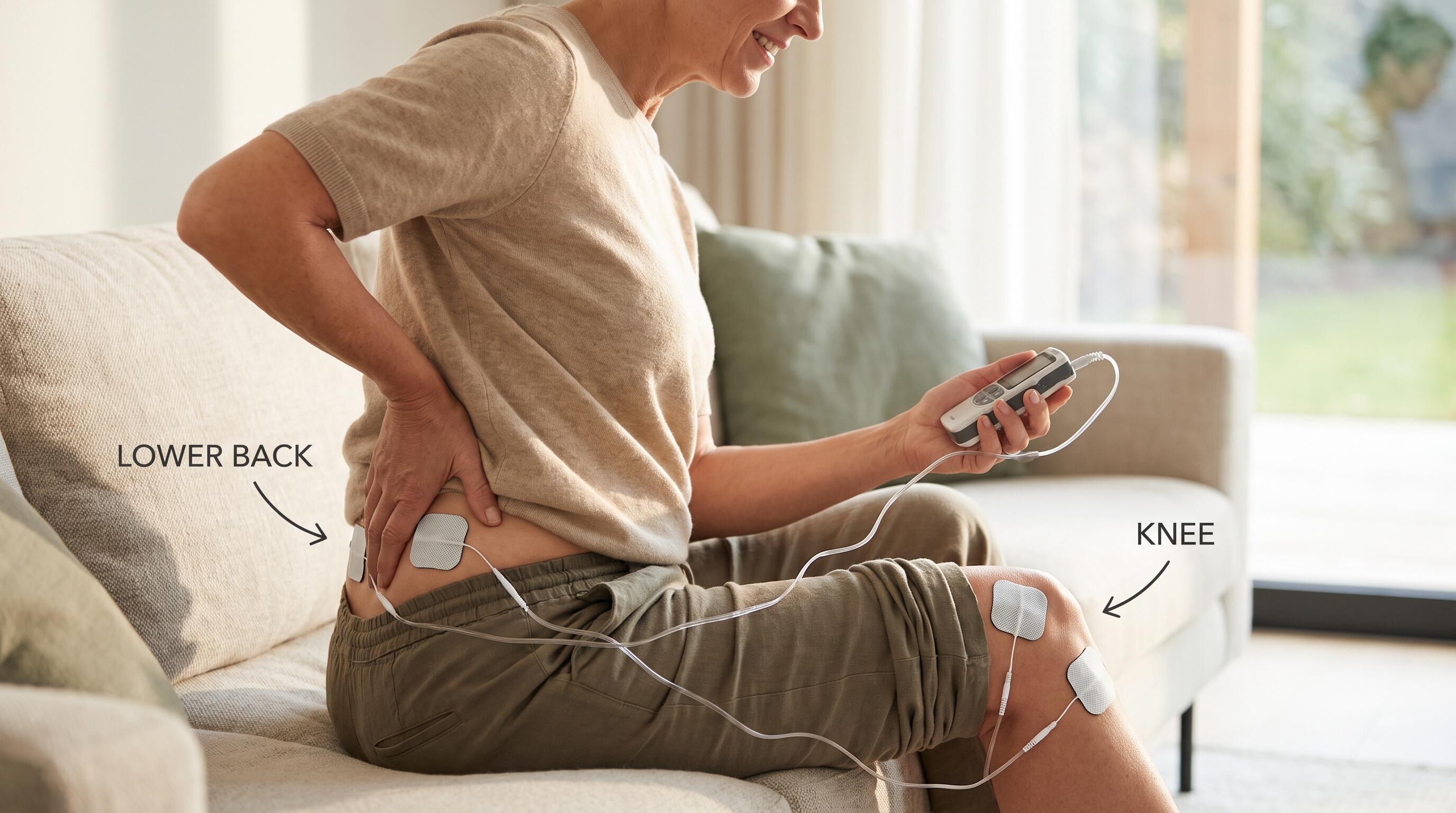 Person using a 4-channel TENS unit with electrode pads on both lower back and knee simultaneously