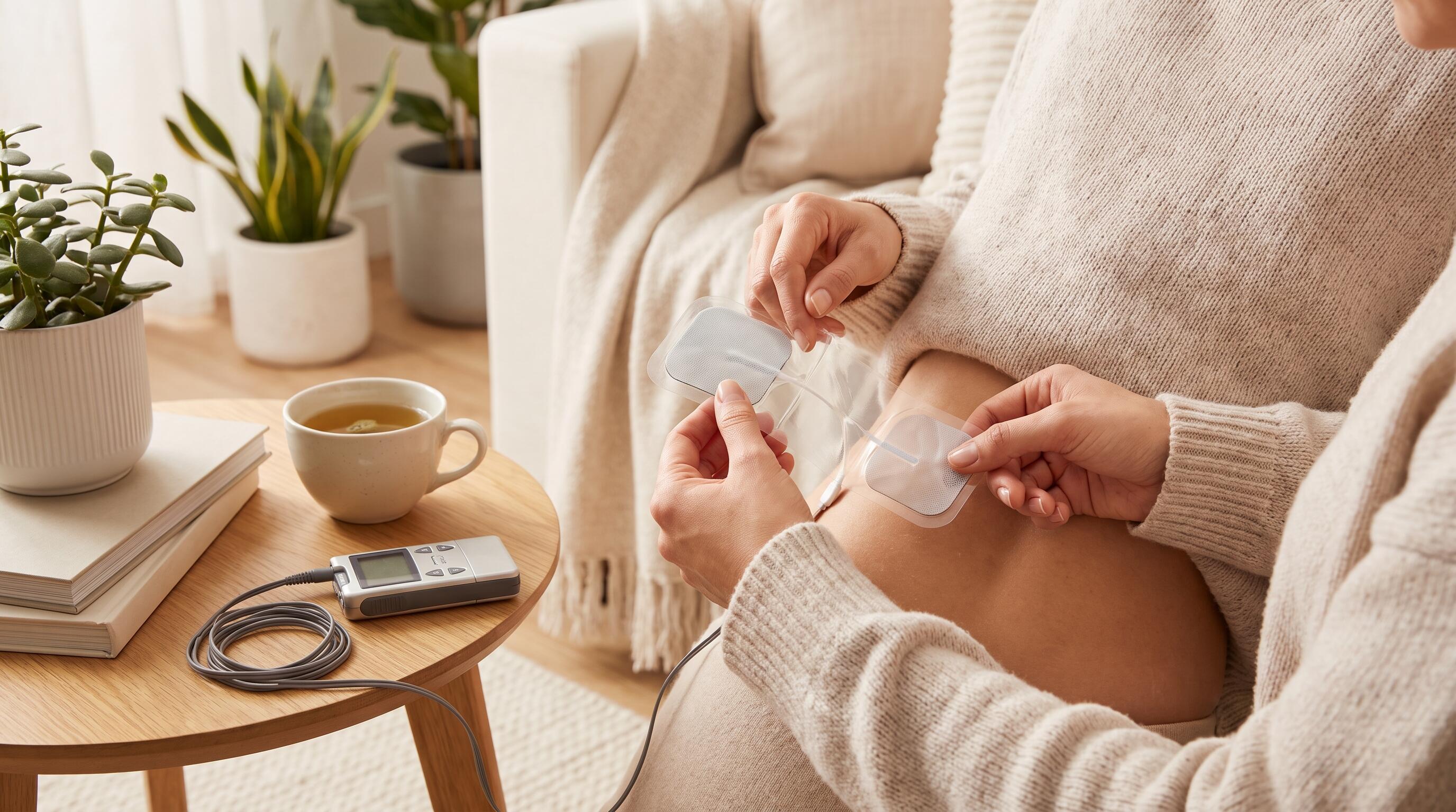 Person carefully applying Japanese gel electrode pads to lower back before TENS therapy session