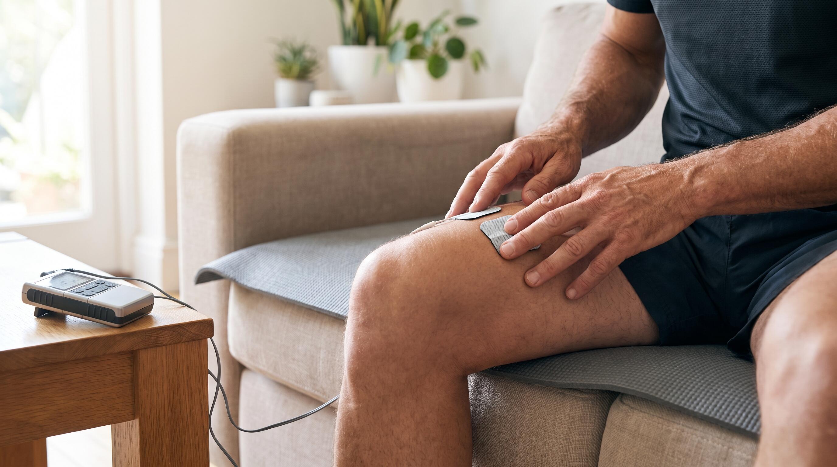 Athlete applying TENS EMS electrode pads for post-workout muscle recovery session