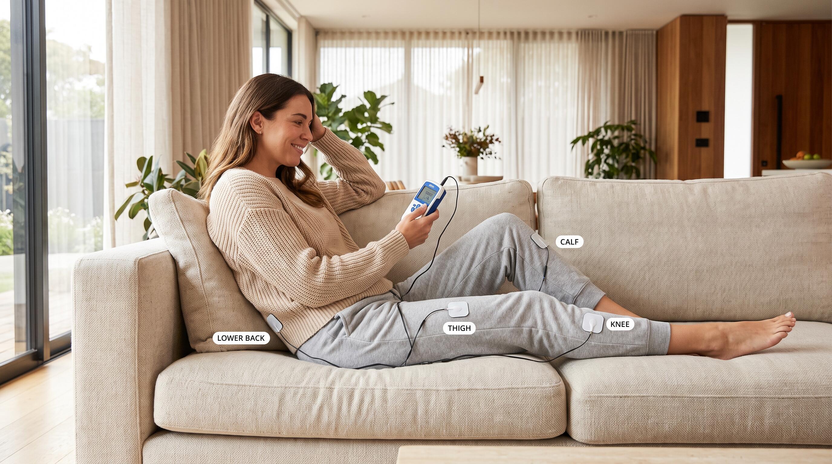 Person using iStim EV-805 four-channel TENS EMS device to treat multiple body areas simultaneously during home therapy session