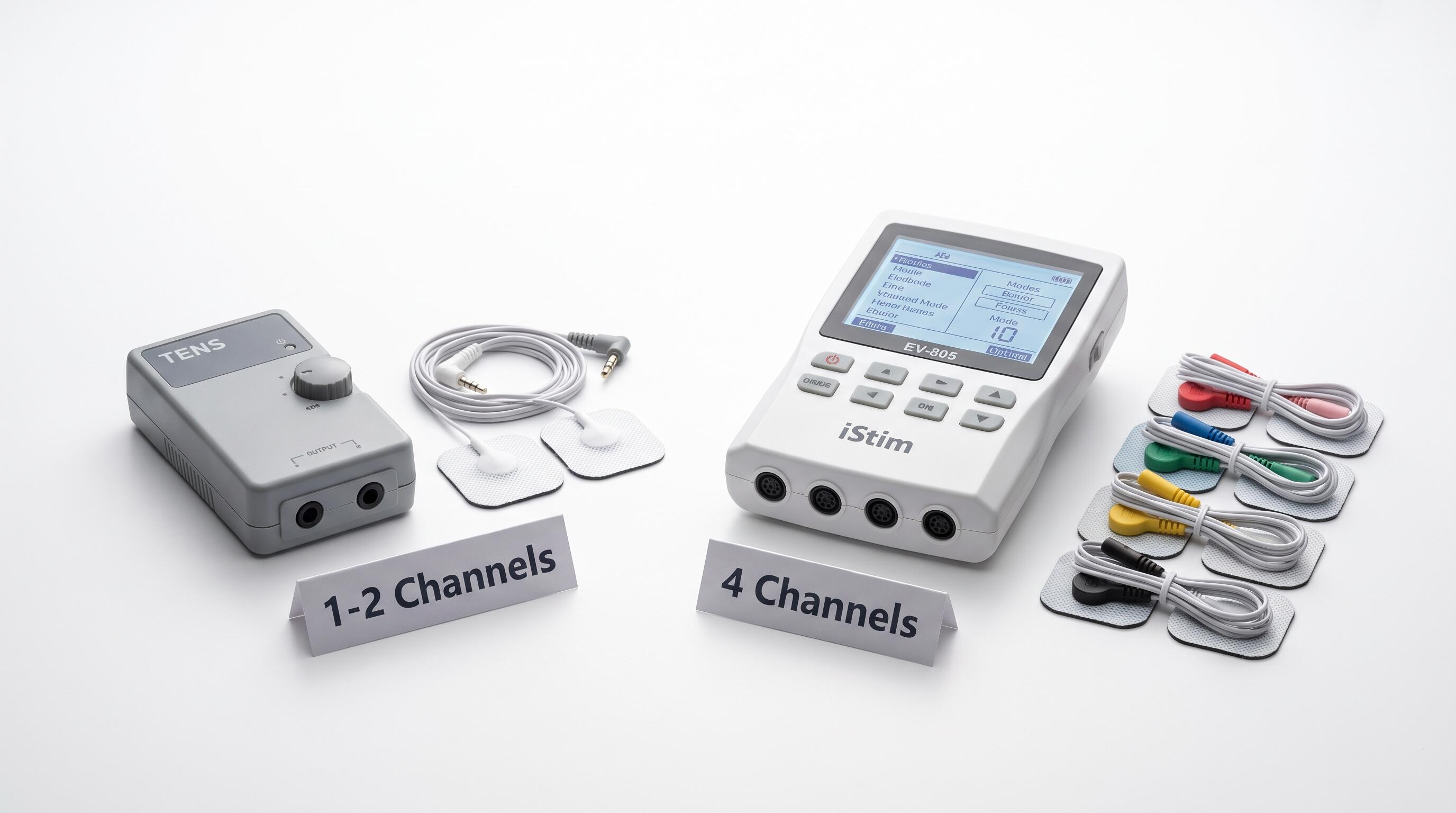 iStim EV-805 four-channel TENS unit compared to a basic single-channel TENS device for pain relief