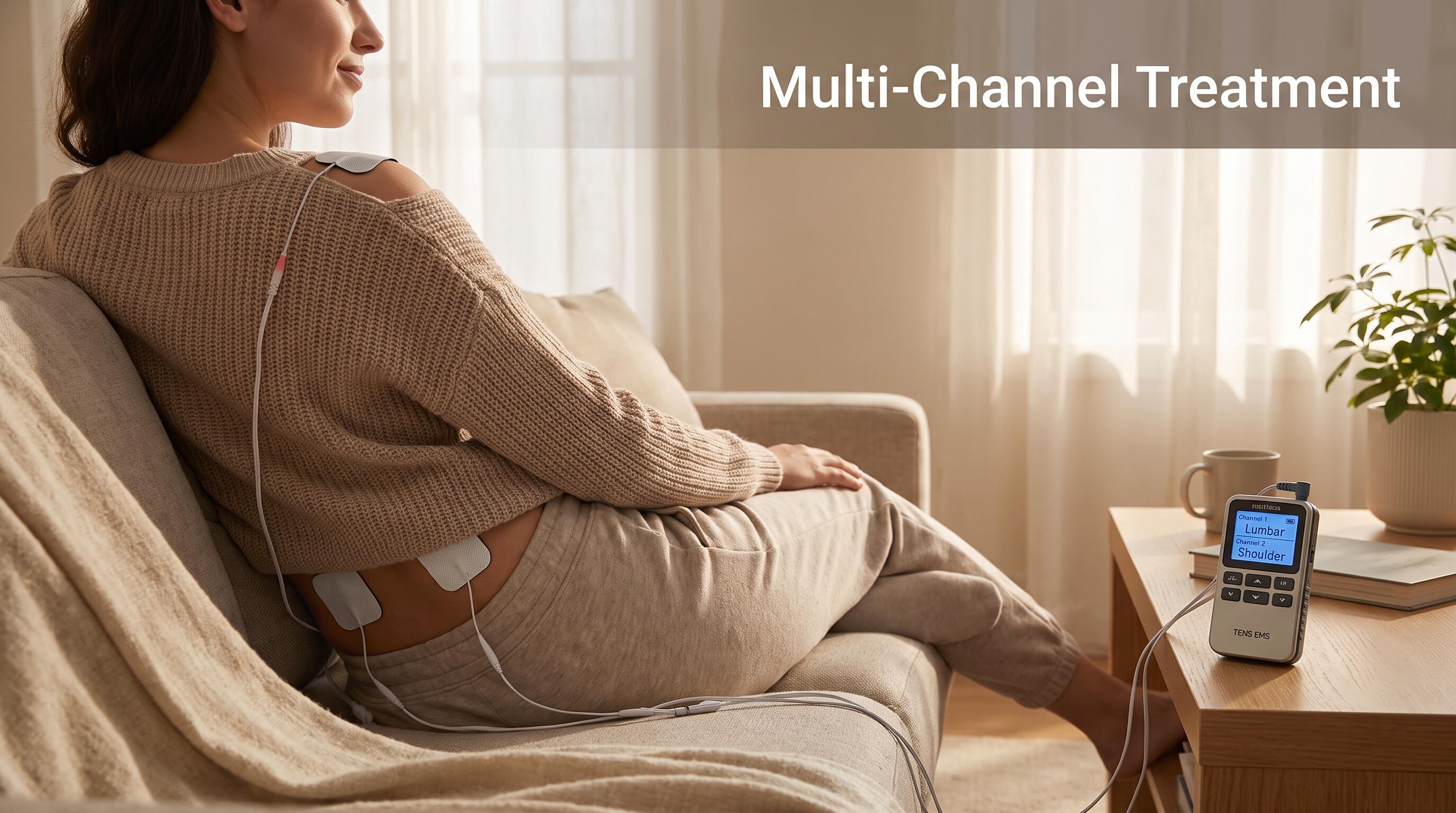 iStim EV-805 multi-channel TENS EMS device in use for back and shoulder pain relief at home