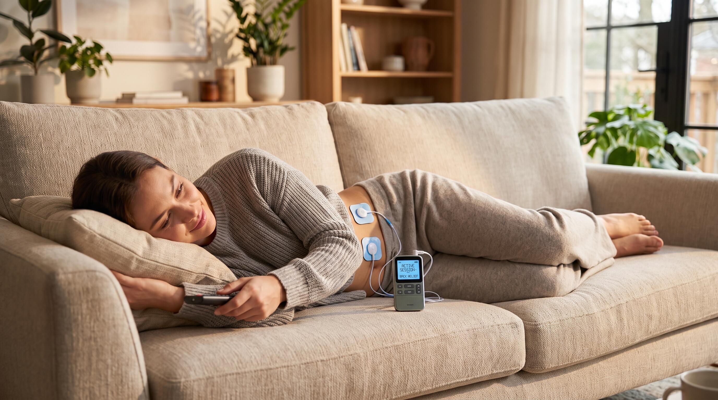 iStim TENS EMS combo device in use for back pain relief and muscle recovery at home