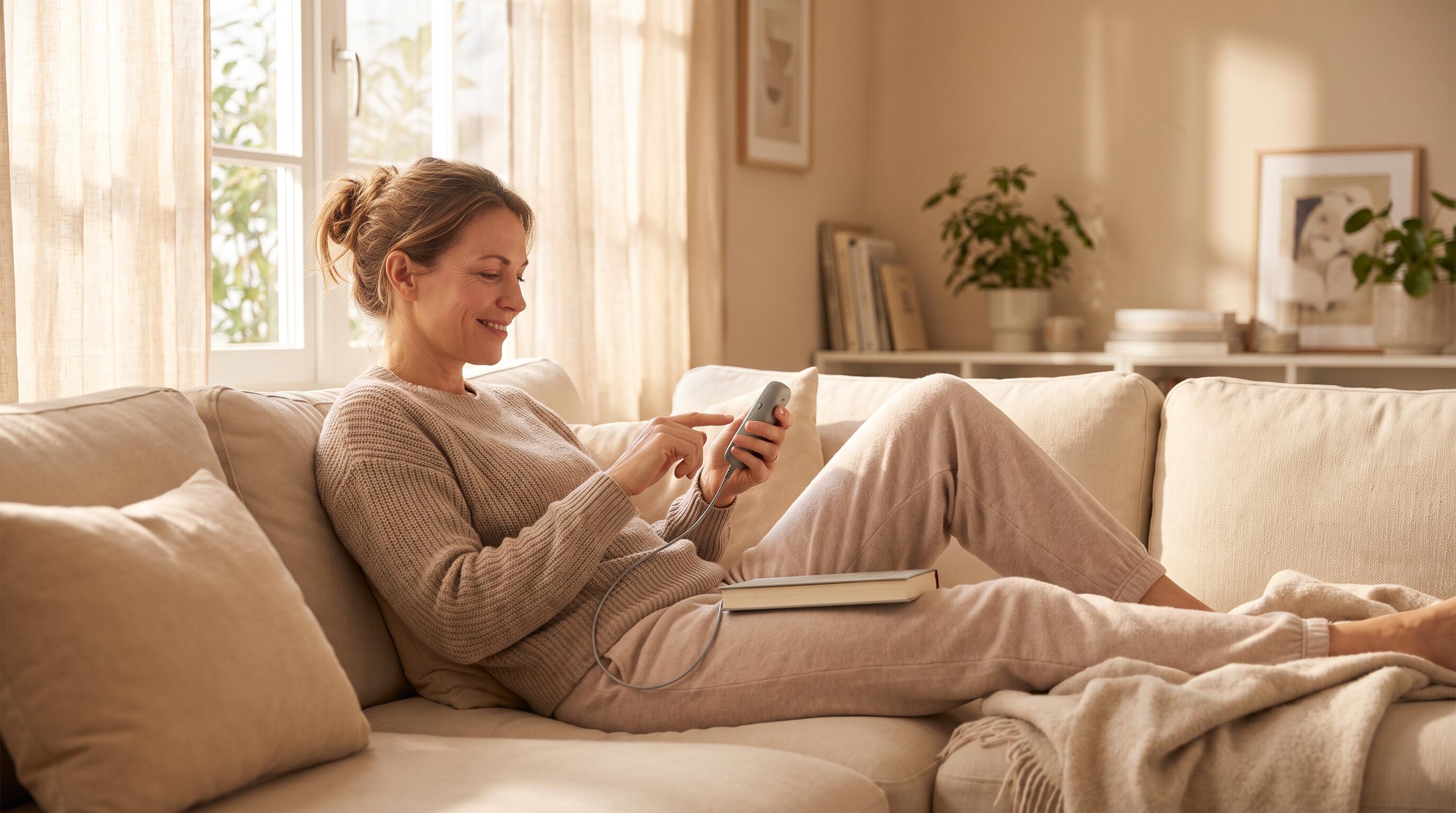Person using iStim V2 Kegel pelvic floor stimulator at home for postpartum recovery and urinary incontinence relief