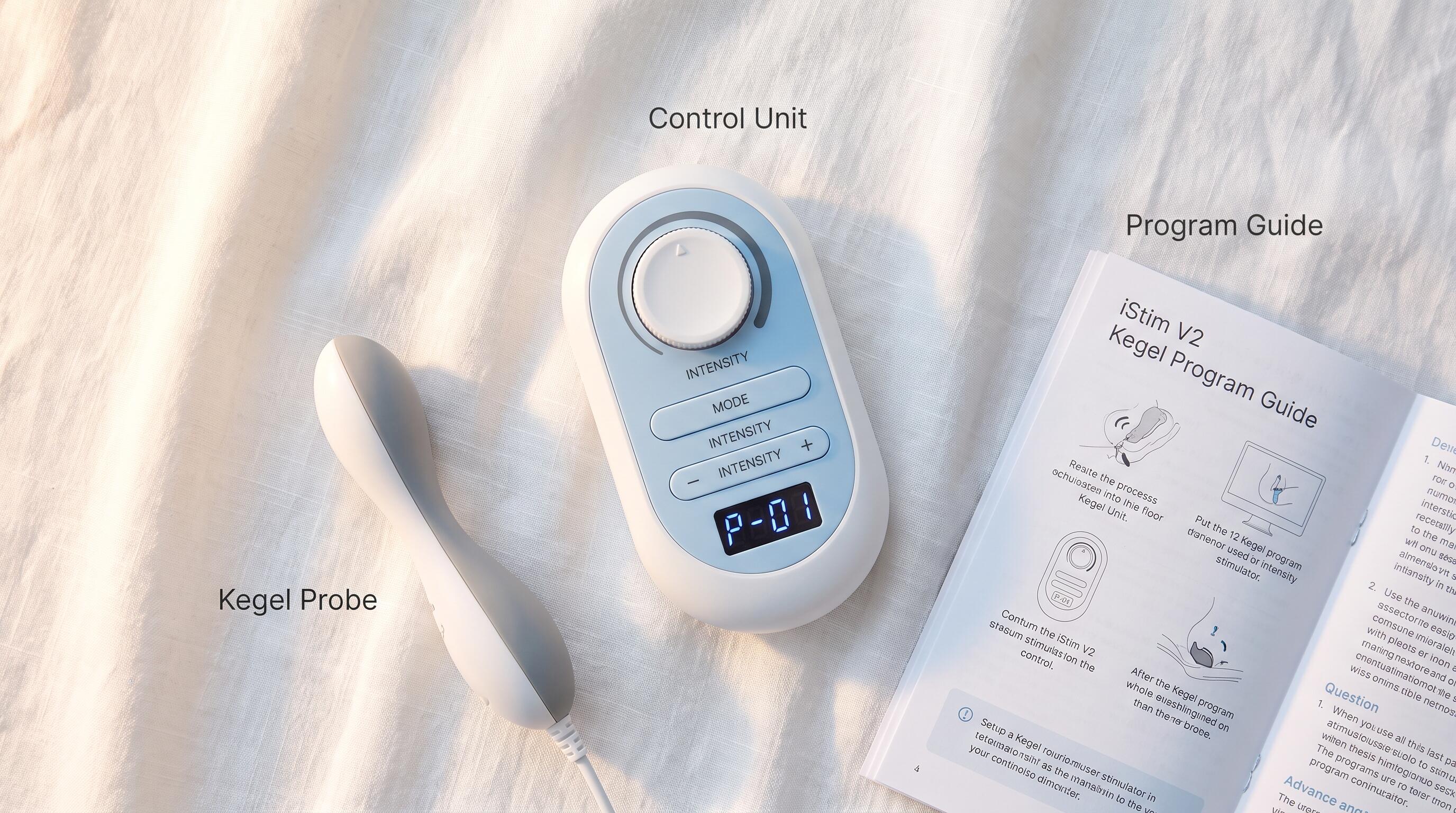iStim V2 Kegel device showing program settings and probe for pelvic floor stimulation at home