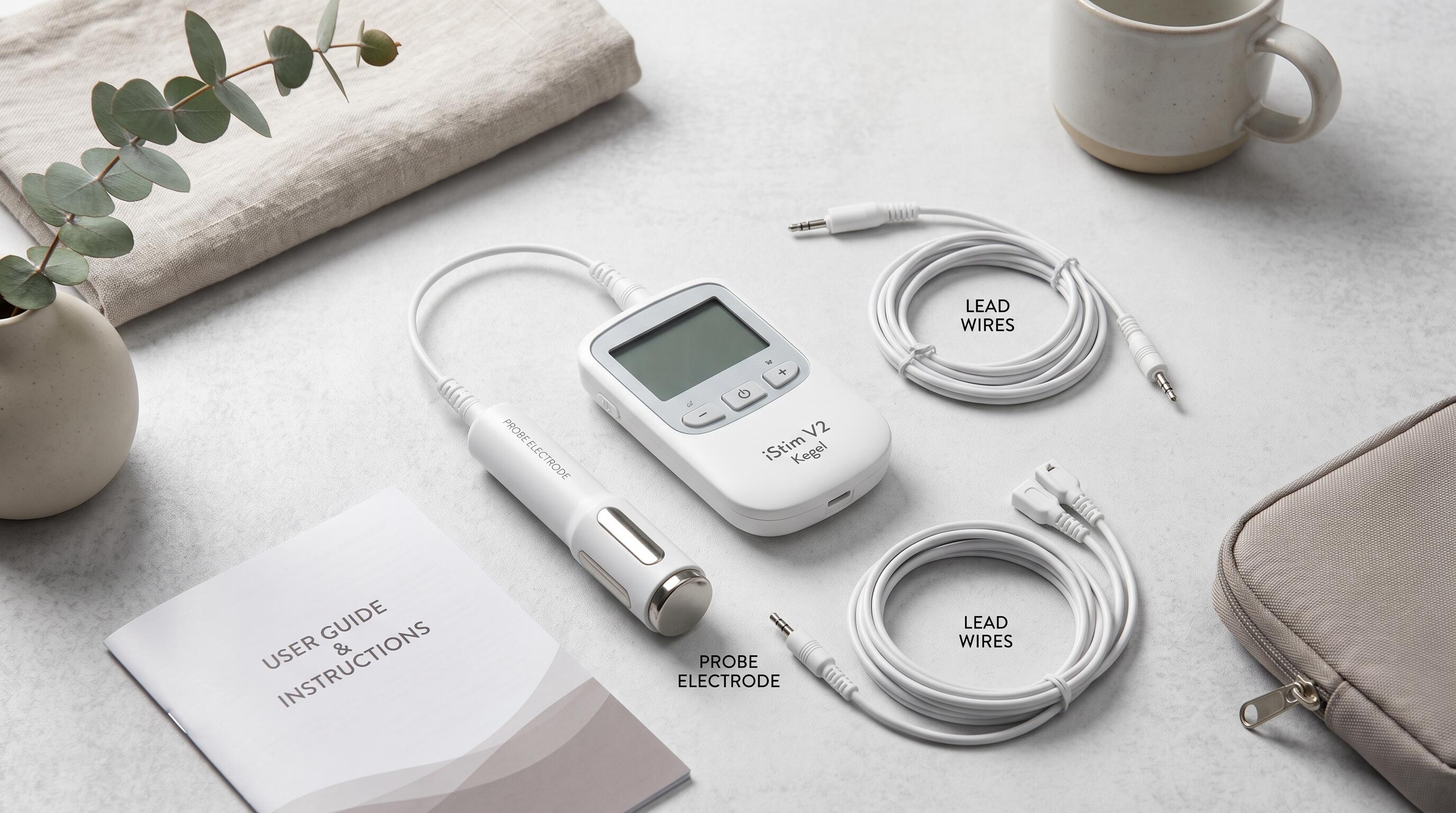 iStim V2 Kegel pelvic floor stimulator device shown with accessories for home-based electrotherapy sessions