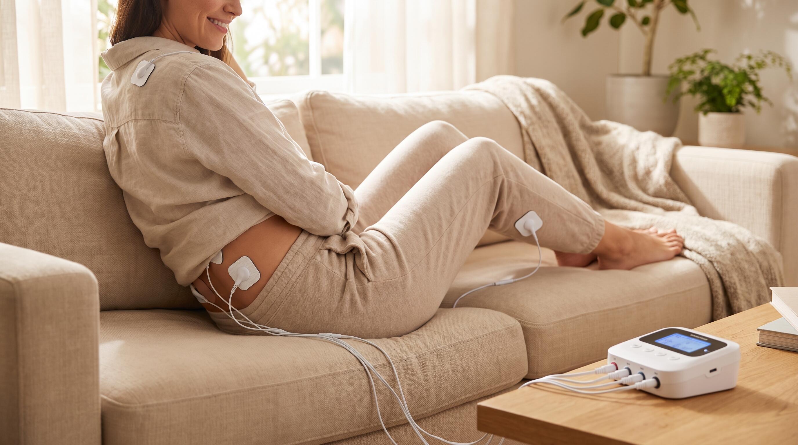 A person applying TENS EMS electrode pads across multiple body areas for whole-body pain relief and muscle recovery