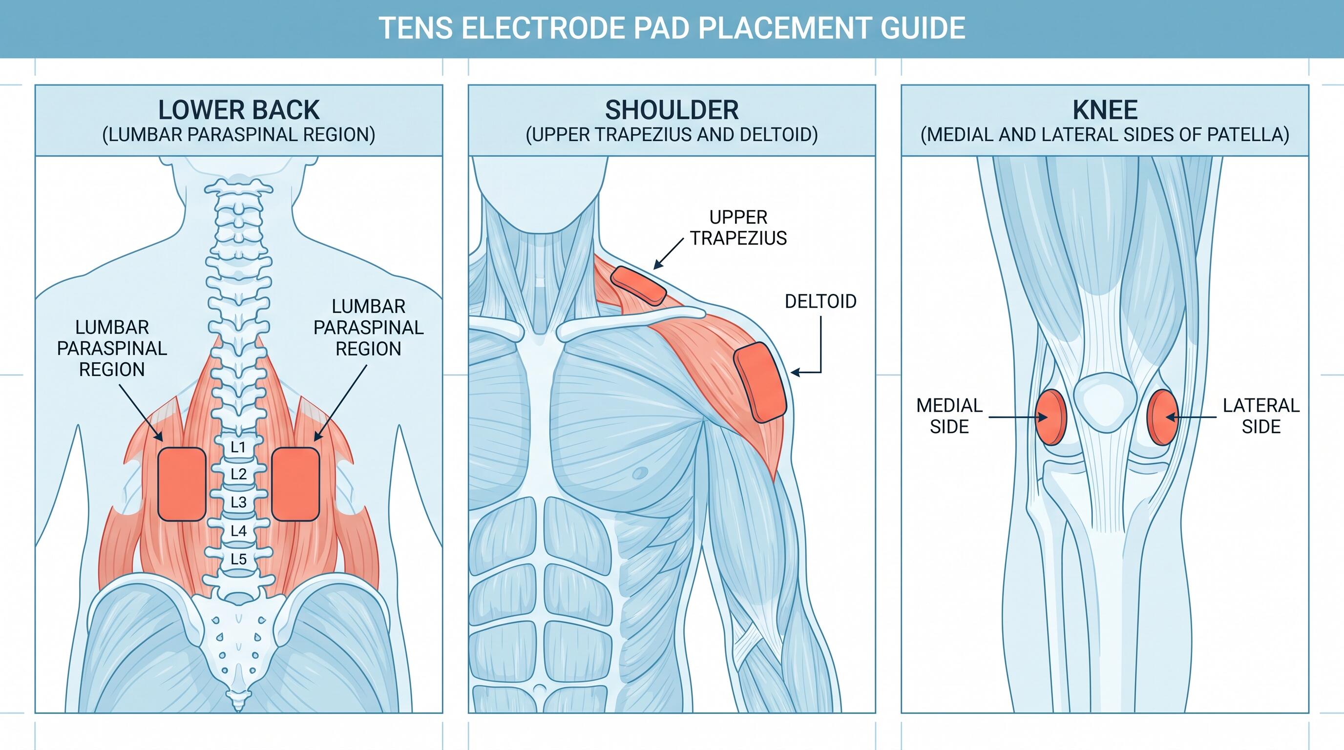 Electrode pad placement diagram for TENS therapy on back, shoulder, and knee pain management routines