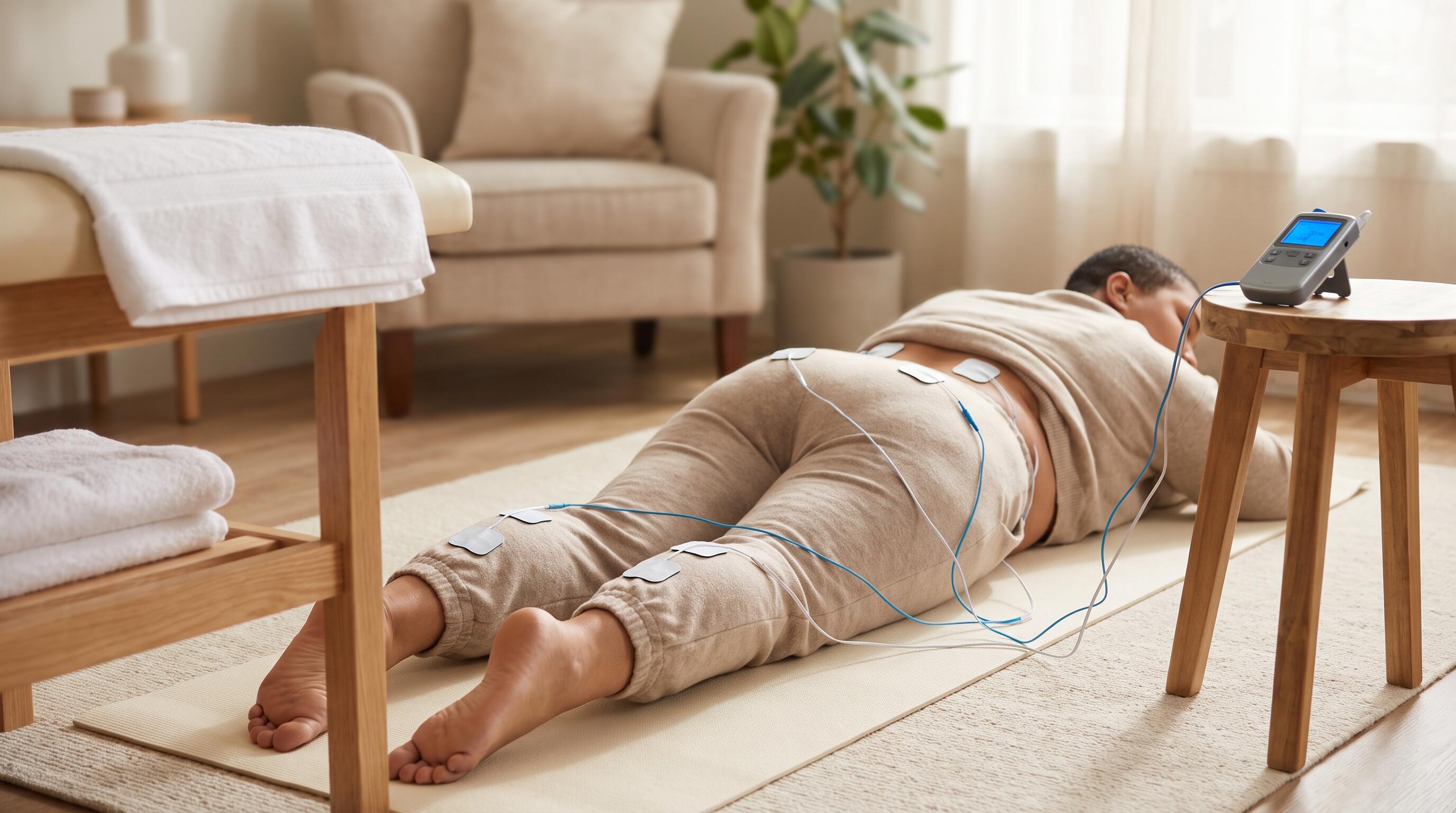 TENS EMS kit electrode pads placed on lower back and legs for multi-site pain relief and muscle recovery session
