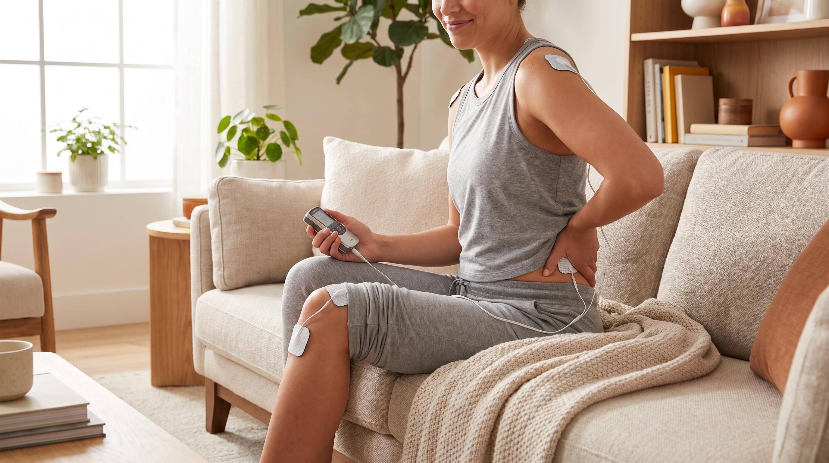 A person using a TENS unit on their lower back, shoulder, and knee for drug-free pain relief at home