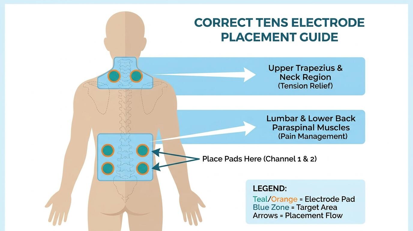 iStim WeTrac electrode placement guide for neck and lower back pain relief at home