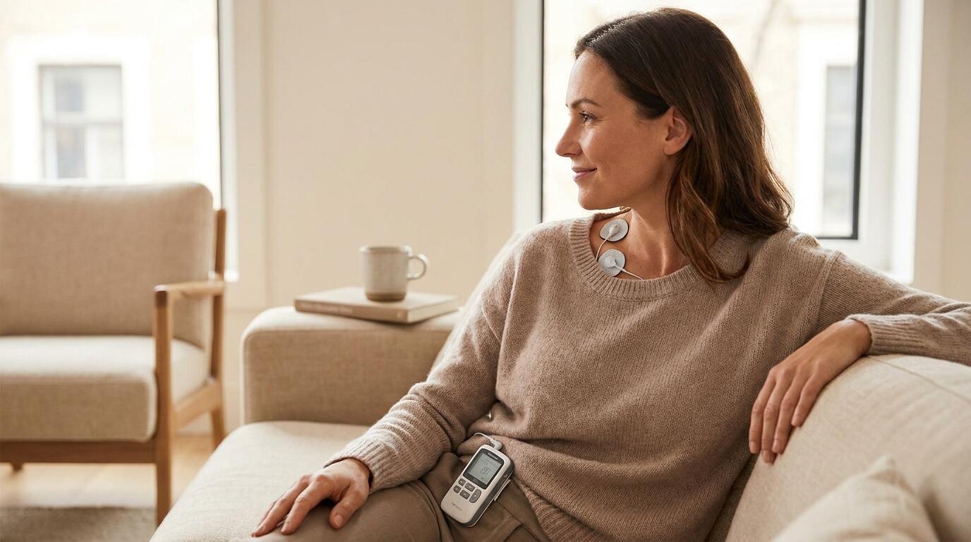 iStim WeTrac portable TENS unit for muscle recovery and pain management at home