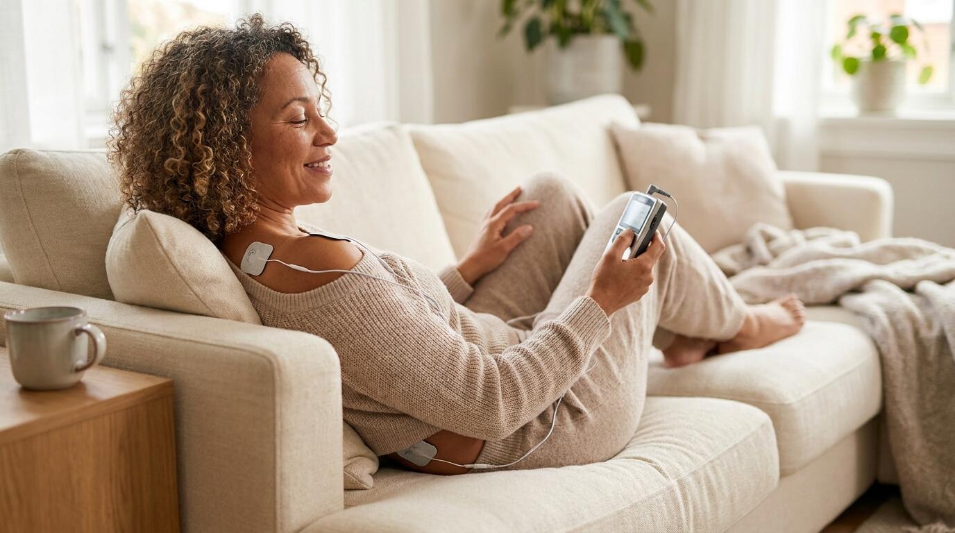 iStim WeTrac portable TENS unit being used for lower back and shoulder pain relief at home